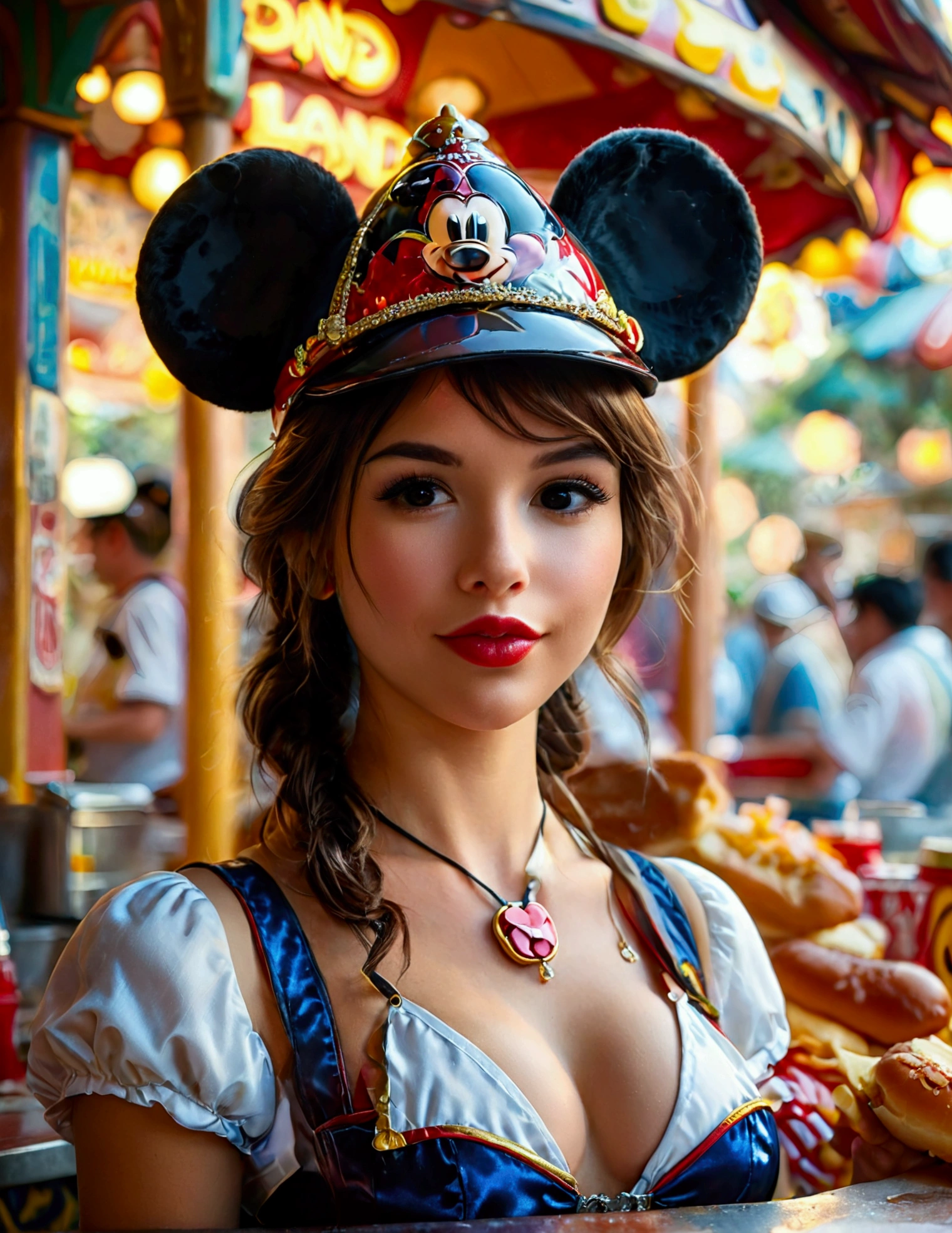 A cute woman, disney land sexy uniform(mickey mouse hat), working at a hot dog stand, near the entry to a Disney land ride