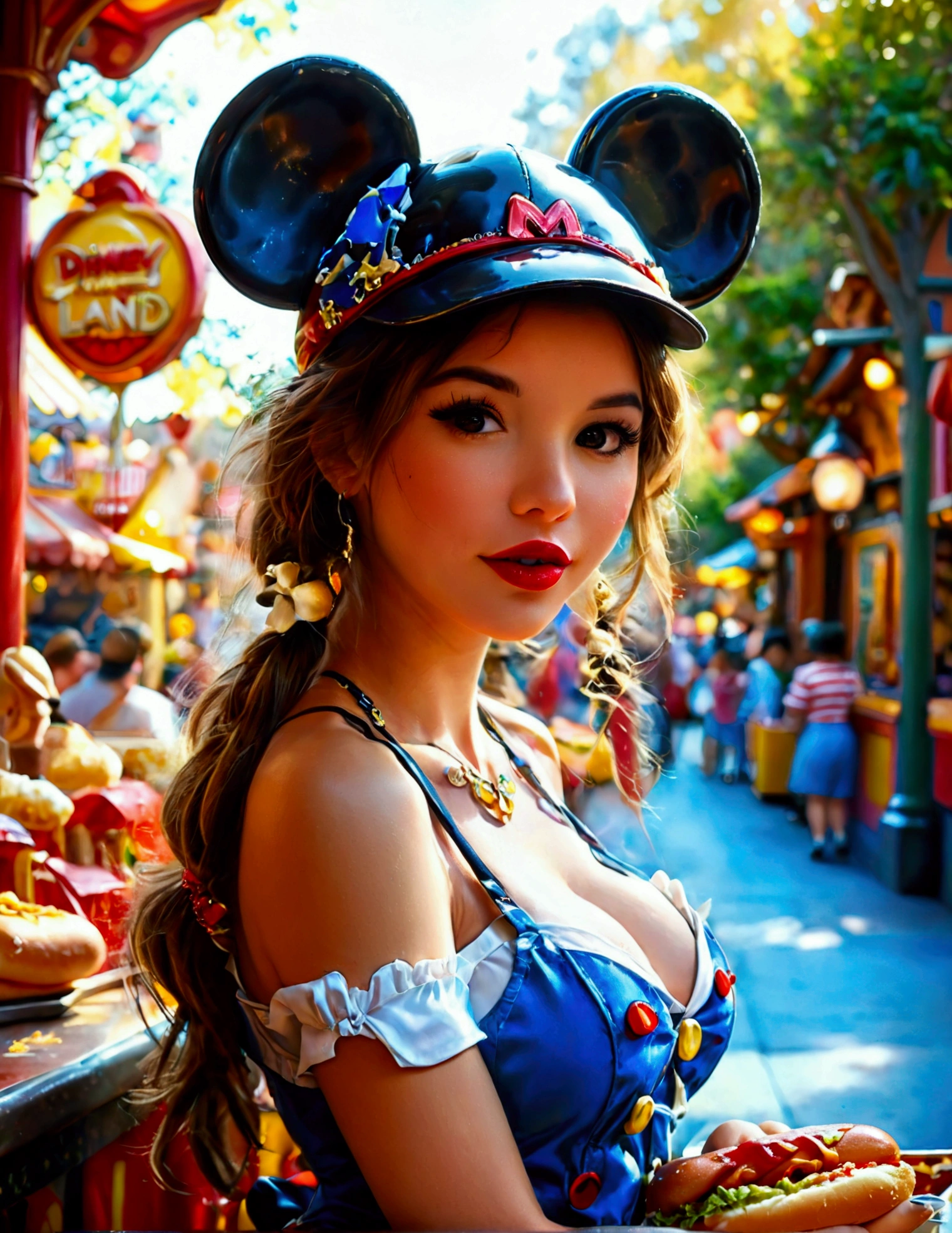 A cute woman, disney land sexy uniform(mickey mouse hat), working at a hot dog stand, near the entry to a Disney land ride, show all of her
