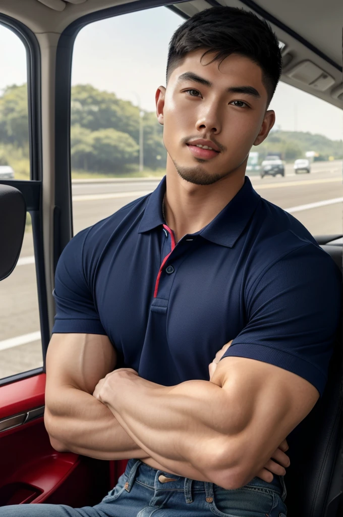 Tony Labrusca, ((realistic daylight)) , Young Korean man in a navy blue polo shirt and jeans, A handsome, muscular young Asian man looks at the camera. In a simple t-shirt blue and red , roadside traffic ,((look sideways))