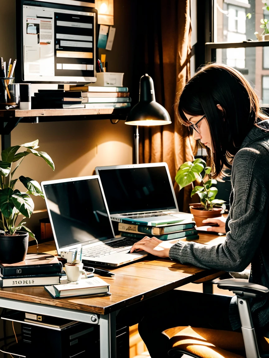 A person sitting at a desk, working on a laptop. The desk has a cup of coffee, some books, and a potted plant. The background is a cozy home office with warm lighting.