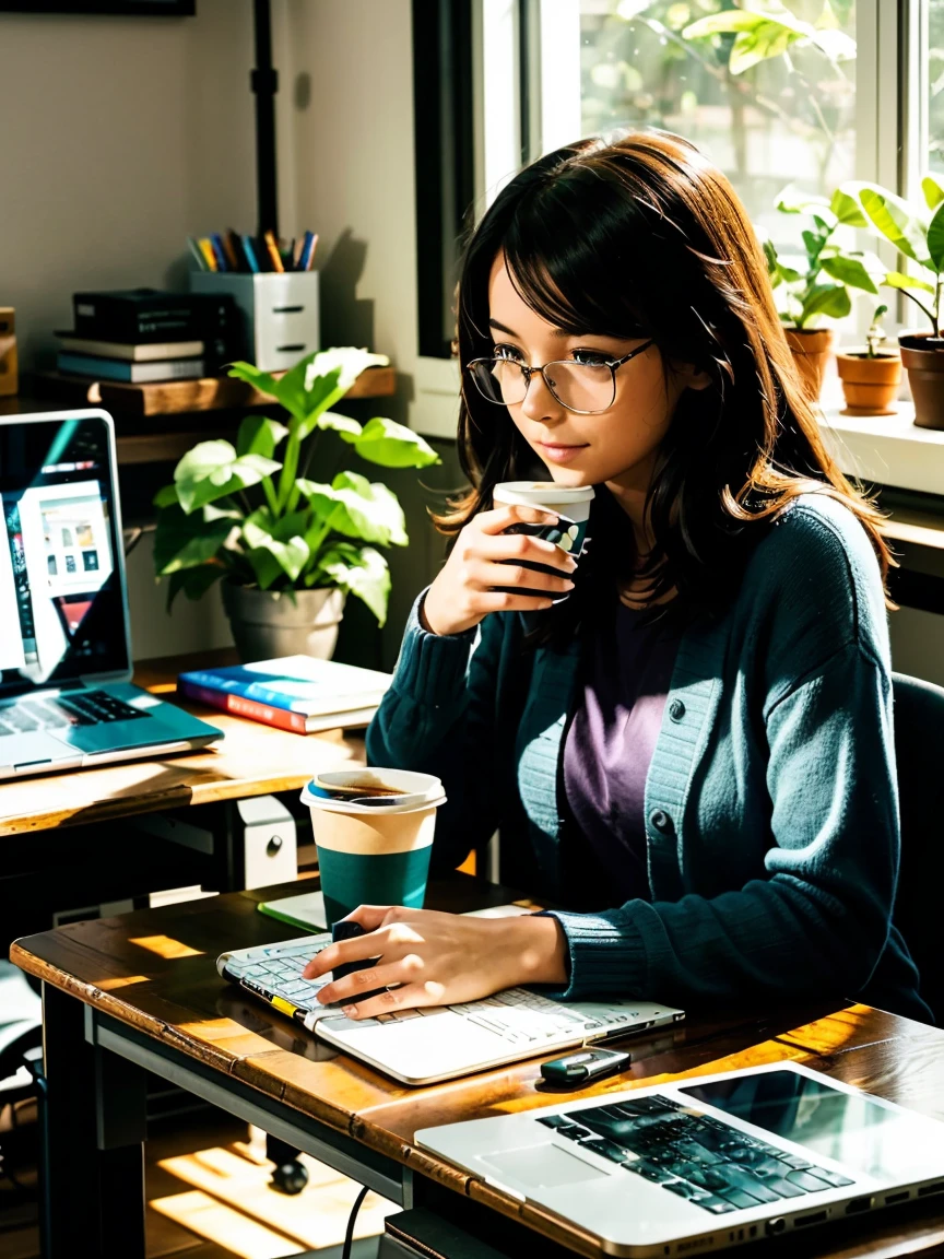 A person sitting at a desk, working on a laptop. The desk has a cup of coffee, some books, and a potted plant. The background is a cozy home office with warm lighting.