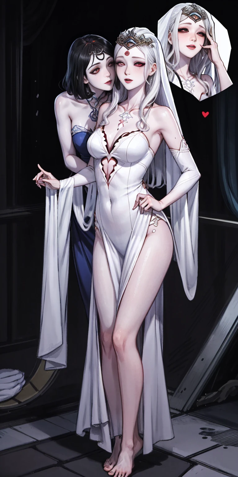 Body position: Standing, straight, symmetrical, barefoot, Lustful smile on face with red blush, 2 girls like Cassia Orsellio white pale skin with red eyes who gets married and stands in front of many people, nsfw, kissing