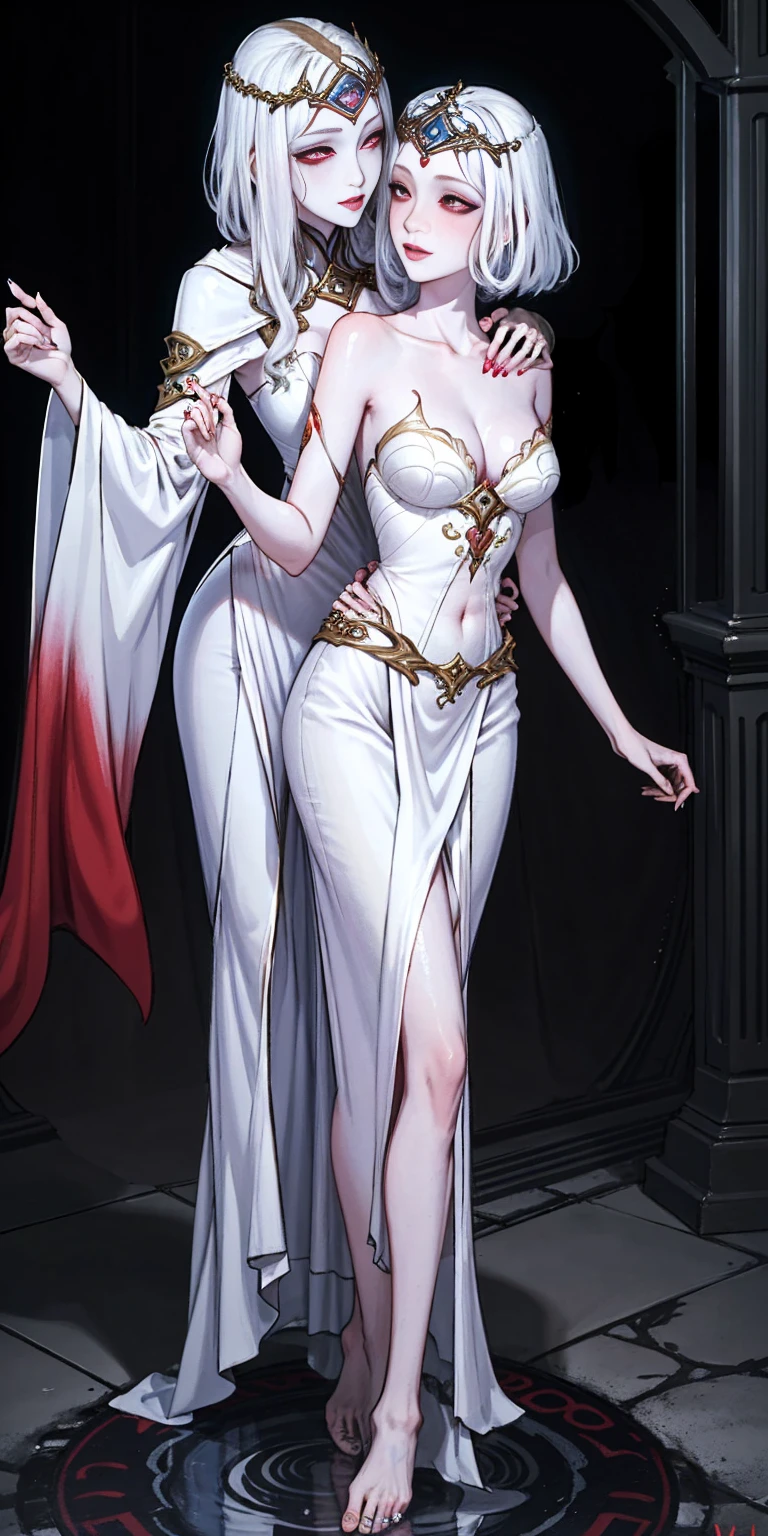 Body position: Standing, straight, symmetrical, barefoot, Lustful smile on face with red blush, 2 girls like Cassia Orsellio white pale skin with red eyes who gets married and stands in front of many people, nsfw, kissing