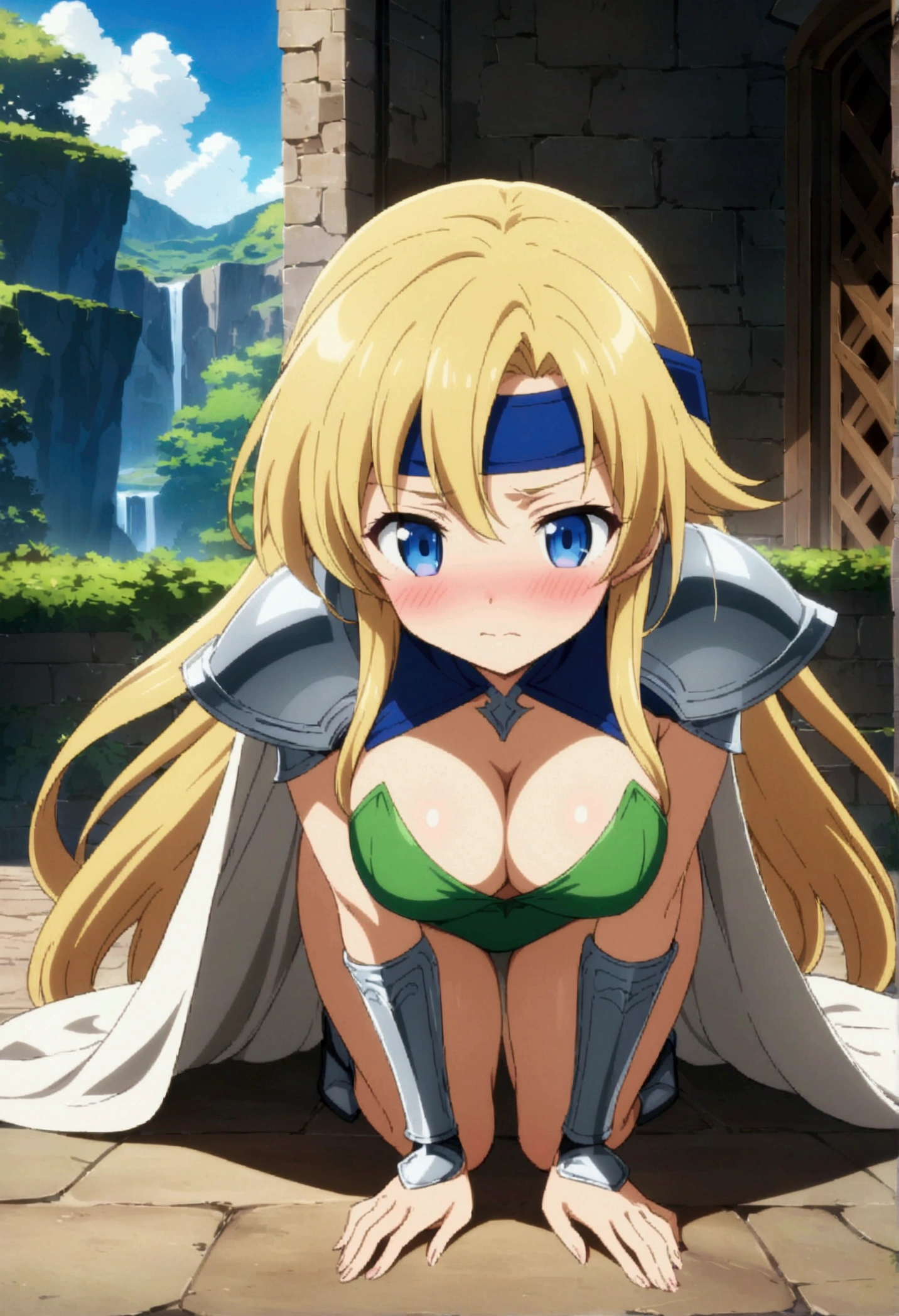 score_9, score_8_up, score_7_up,,BREAK source_anime,all fours, bent over, top down, shy, embarrassed, blushing,straight-on, 1girl, celes chere, final fantasy.blonde hair, blue eyes, green leotard, headband, shoulder armor,large breasts,cleavage,pointy breasts,, white cape, vambraces,bracer,  very long hair, bangs, closed mouth,(tundere,,bulsh),outdoor,graceful posture,lean but curvy body, slender waist, round hips, highly detailed,anime style,vibrant, studio anime,masterpiece, best quality,best aestethic, absurdres,1990s_(style),,