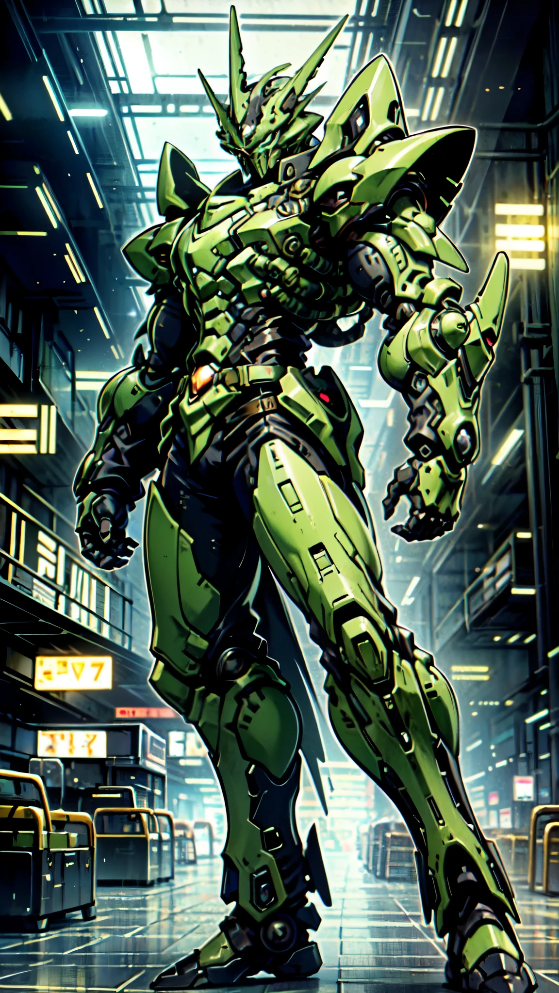 (masterpiece:1.5, best quality:1.5, extremely delicate:1.5, foreshortening:1.5, dynamic angle:1.5), a man wearing a full-face helmet, a fantasy-style biotech armored combat suit, green eyes, (a composite layered chest armor), fully enclosed shoulder guards, matching arm and leg guards, the belt is adorned with neon circuitry, (the color scheme is primarily black glow with green and red accents), the design balances heavy with agility, a high-tech bio-mecha armor, (Armor Concept Inspired by neon Cyberpunk, stand on the top of a skyscraper in a futuristic sci-fi city), this character embodies a finely crafted fantasy-surreal style armored hero in anime style, exquisite and mature manga art style, (element, plasma, energy, the armor glows), ((male:1.5)), metallic, high definition, highres, ultra-detailed, ultra-fine painting, professional, perfect body proportions, golden ratio, anatomically correct, symmetrical face, extremely detailed eyes and face, high quality eyes, creativity, RAW photo, UHD, 32k, Natural light, cinematic lighting, masterpiece-anatomy-perfect