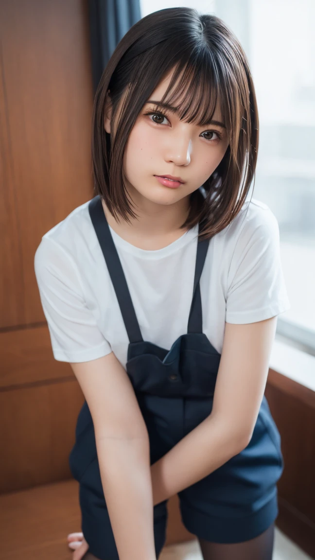 Photos taken by a professional photographer,Close-up of a woman showing her kissing face, Shorts, Shirahime cuts her brown hair, Young and pretty girl, Japanese Model, Wearing a casual T-shirt in random colors,Cute eyed waves for short hair, Cute young woman, Black Pantyhose,black tights