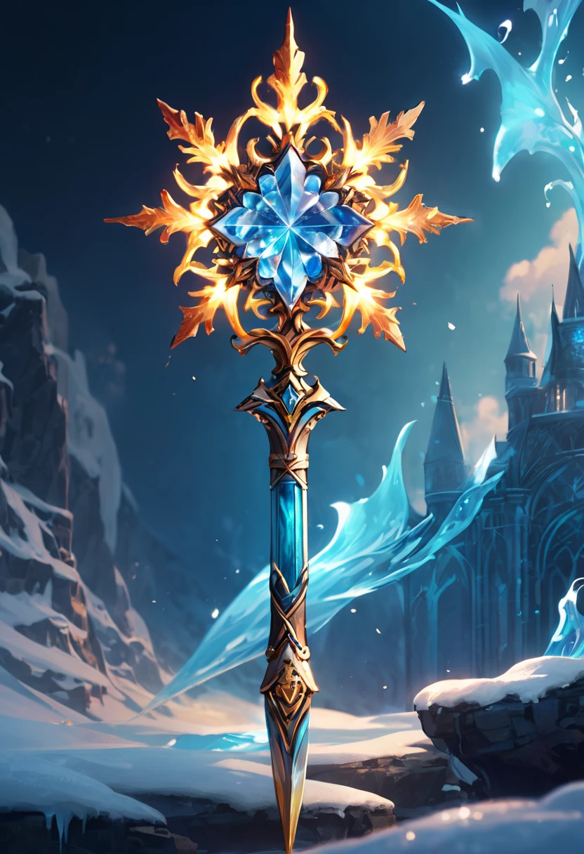 masterpiece, 8k, best quality, highly detailed, a magical staff made of magical ice & magical fire