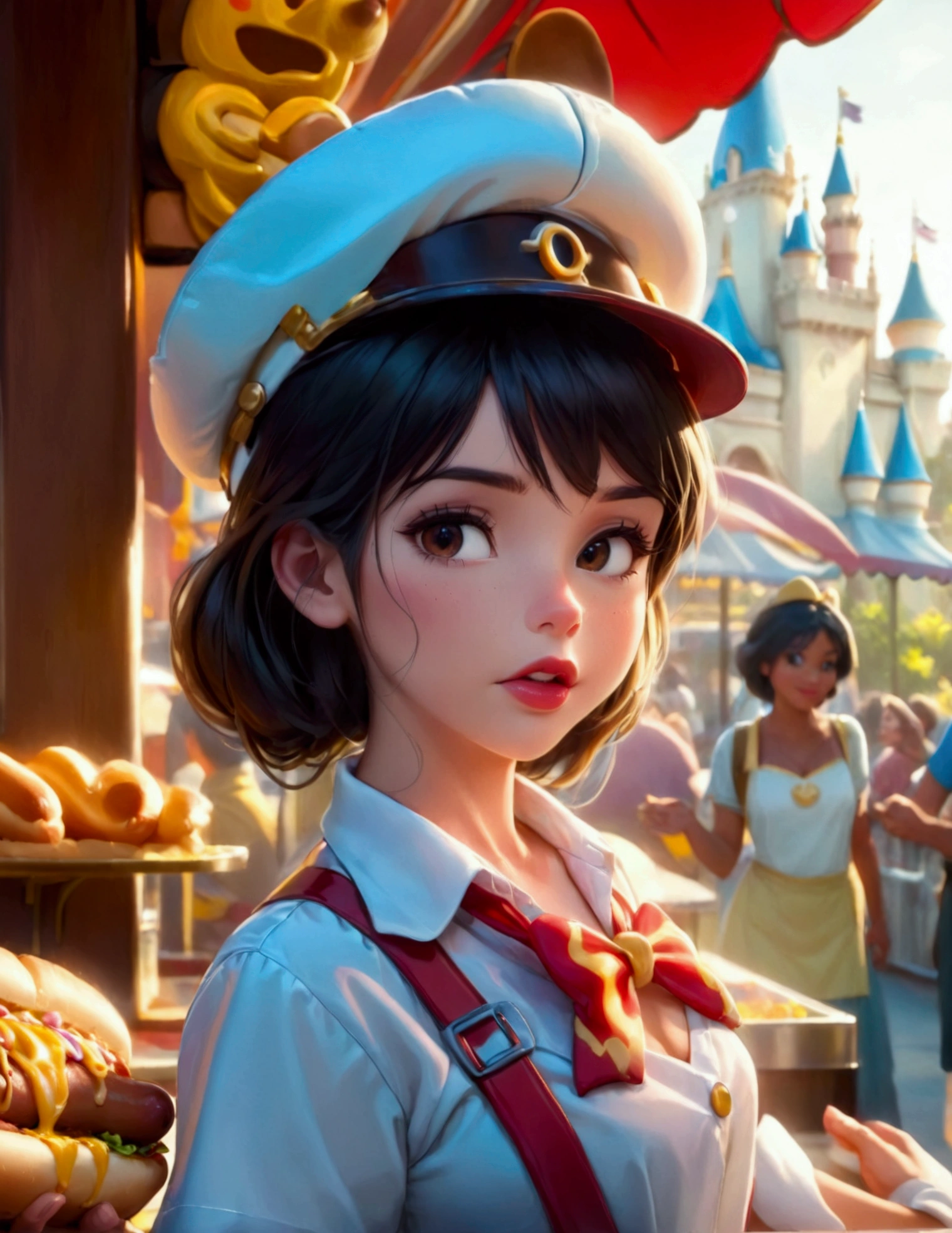 A cute woman, disney land sexy uniform(mickey mouse hat), working at a hot dog stand, near the entry to a Disney land ride, show all of her
