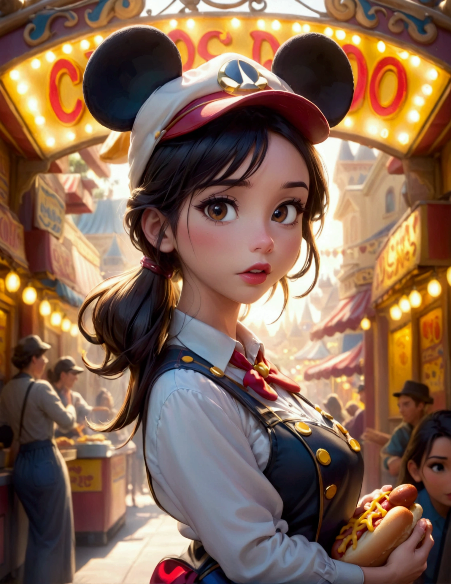 1girl, disney style, cute woman, disneyland themed uniform, mickey mouse hat, working at hot dog stand, near entrance to disney ride, photorealistic, 8k, sharp focus, high quality, hyper detailed, vibrant colors, warm lighting, cinematic composition