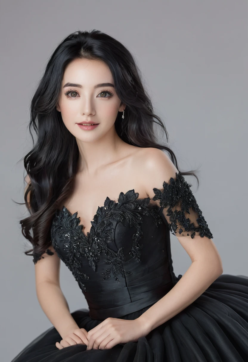 A Beauty Woman with black hair using a black wedding dress