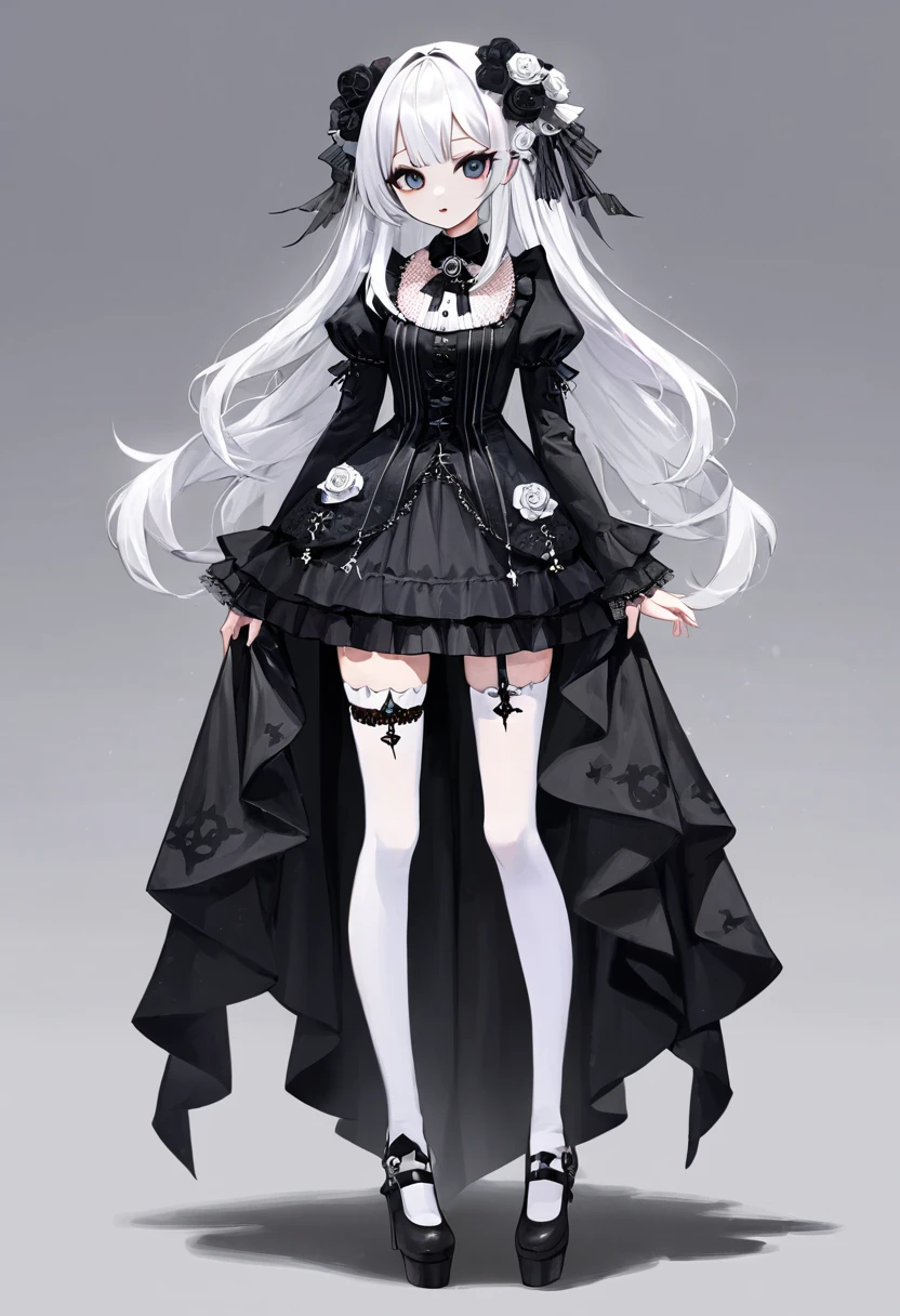 masterpiece, top-quality, masterpiece, top-quality,ighly detailed,{top-quality}, {{masterpiece}}, {hight resolution},original, {extremely delicate and beautiful},masterpiece, top-quality,ighly detailed,{top-quality},white hair, gothic lolita, full body, standing, white thighhighs,