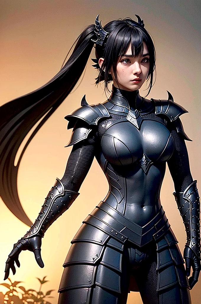 Stunning warrior wearing black armor forged from the scales and bones of Ancalagon, The Black Dragon. The armor is composed of dark metallic plates with a slight bluish glow., engraved with ancient runes. The breastplate fitted to Elara's body is reinforced and decorated with thorns and details that resemble the dragon's scales.. The espaliers imitate the dragon's wings, with sharp edges. The arms are protected by bracers carved in scale patterns, and the legs are covered in greaves and shin guards that offer flexibility and resistance. Elara wears a partial helmet, leaving your face partially exposed. Her bright, expressive green eyes contrast with her black hair., which falls in gentle waves and is partially pinned back. The helmet is adorned with short horns that curve backwards., similar to those of Ancalagon. She holds the Arch of Stars, That shines with an ethereal light, and a legendary dagger, the Blade of Shadow, is attached to your waist. The surrounding scenery is a battlefield, with the colossal body of Ancalagon in the background.