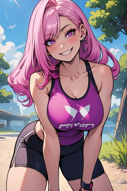 Perfect face. Perfect hands. A pink haired woman with violet eyes with an hourglass figure in tight tank top and tight running shorts is stretching in the park with a big smile
