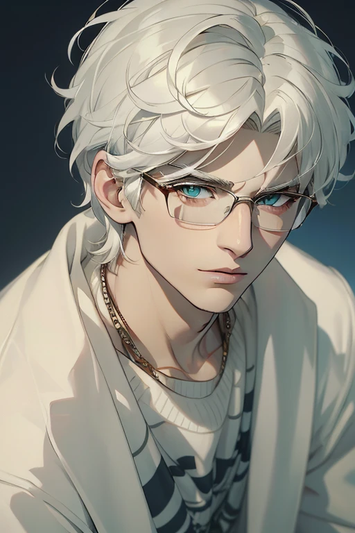 ((Masterpiece, Highest Quality)), Detailed Face, male, white sweater, turquoise eyes, (((Top Quality))), Short hair, Shaved whiskey,Spits, white colored hair, Stylish glasses