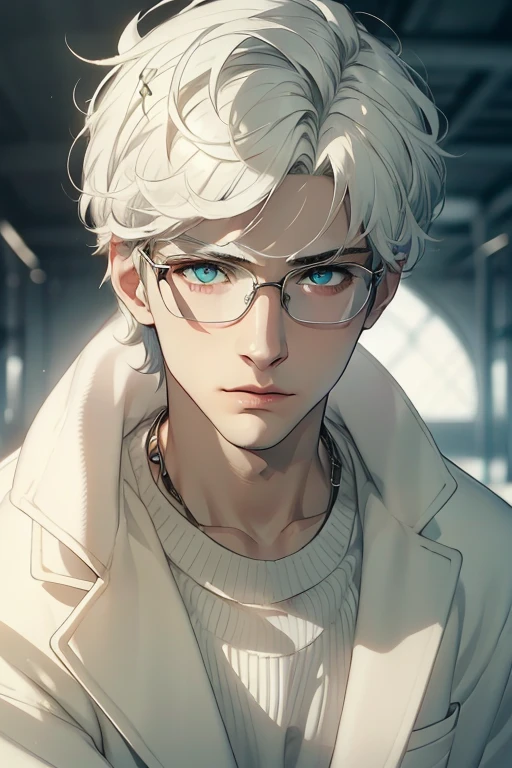 ((Masterpiece, Highest Quality)), Detailed Face, male, white sweater, turquoise eyes, (((Top Quality))), Short hair, Shaved whiskey,Spits, white colored hair, Stylish glasses