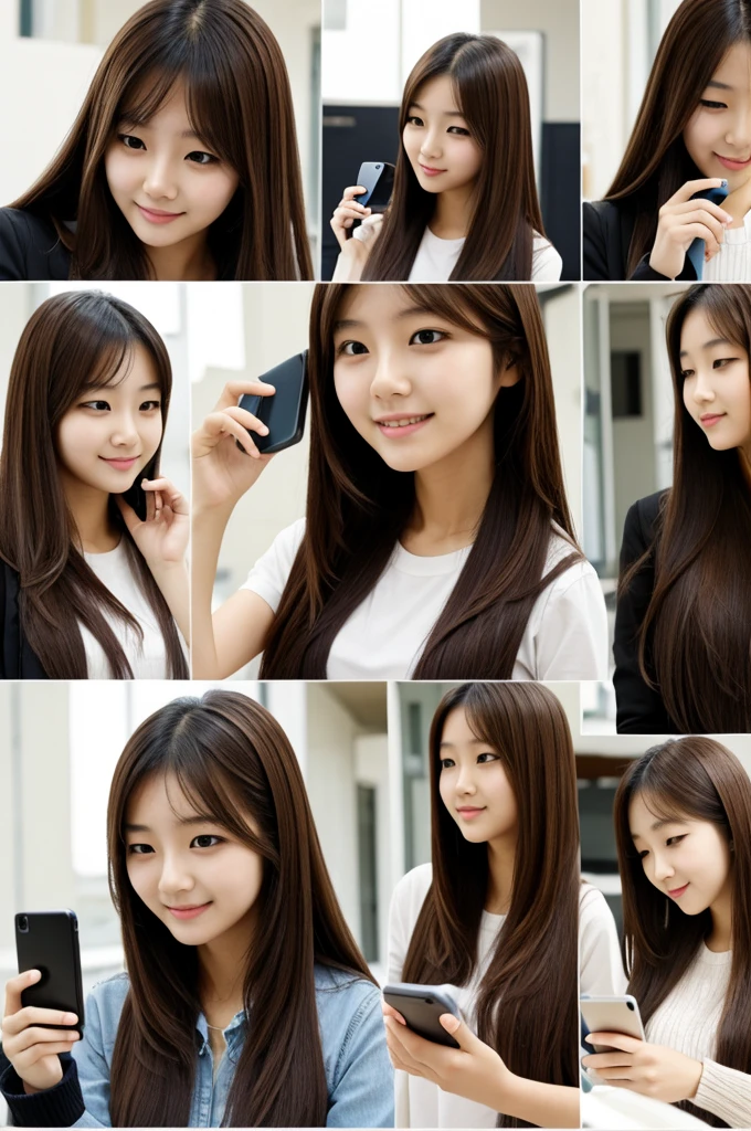 Collage girl korean with  brown and long hair with phone while texting