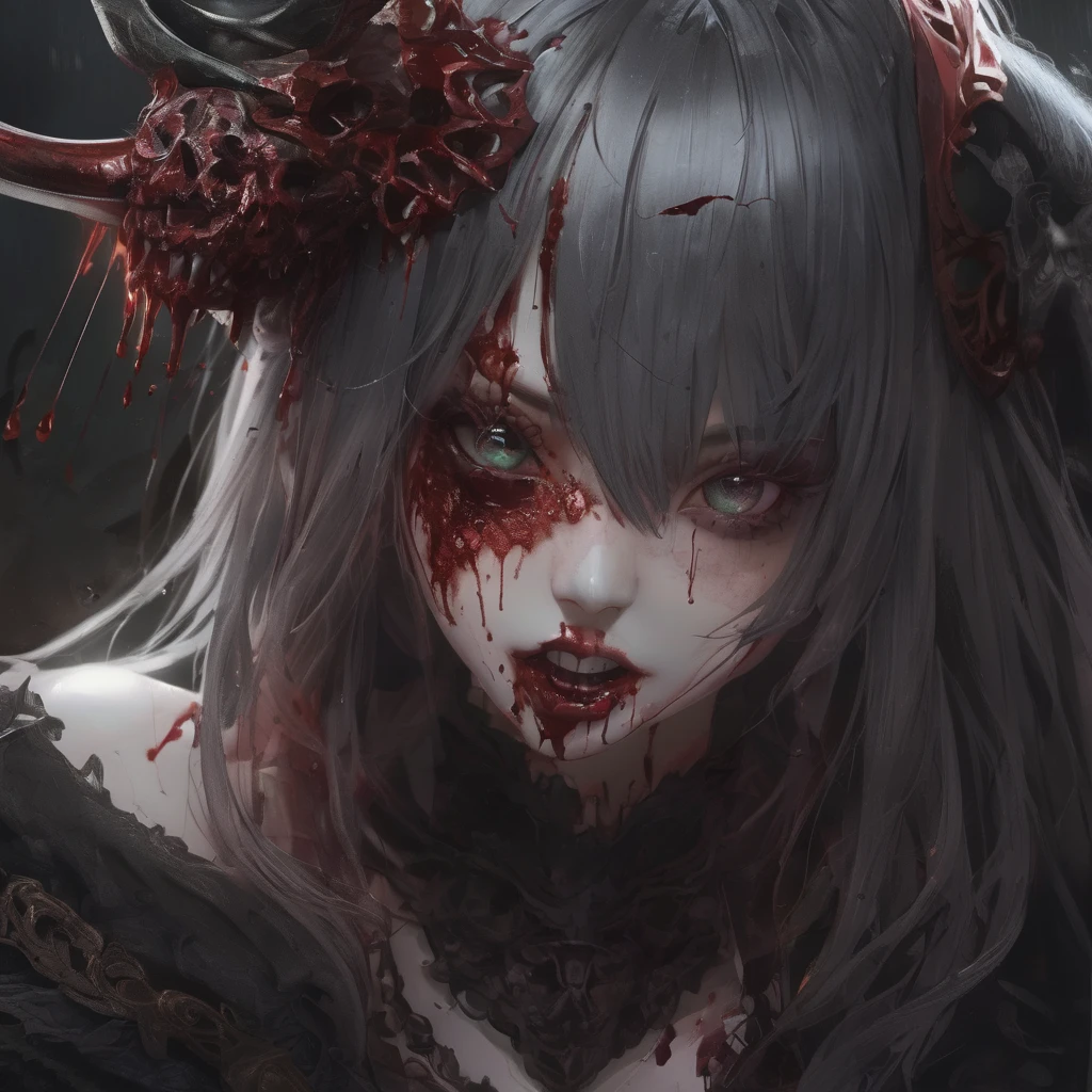 (8K, RAW Photos, Highest quality, masterpiece:1.2),(Realistic, photo-Realistic),Photo Background,face only photo,Drawing only the face,Face Up,Face Shot,Scythe Face,Girl Monster, slave,beautiful, Detailed portrait, Delicate facial features, Sharp Eye, Sharp Fangs, Pale skin, Thick Chain, Dark Background, Cinema Lighting, Dramatic Shadows, Gothic style, Gloomy atmosphere, Dark fantasy, One girl, , Open your mouth wide, Open your mouth and baring your teeth,Sharp teeth like a beast, Wide lips, very wide mouth, Vermilion cheeks, ,(Blood splatter:1.6),Scary face, Laughter Witch design, Twisted smile、Bloodstained、bleeding from the head,、Blood splatter、,(Blood splatter:1.6),Crossbones, skull, , Horror Style,