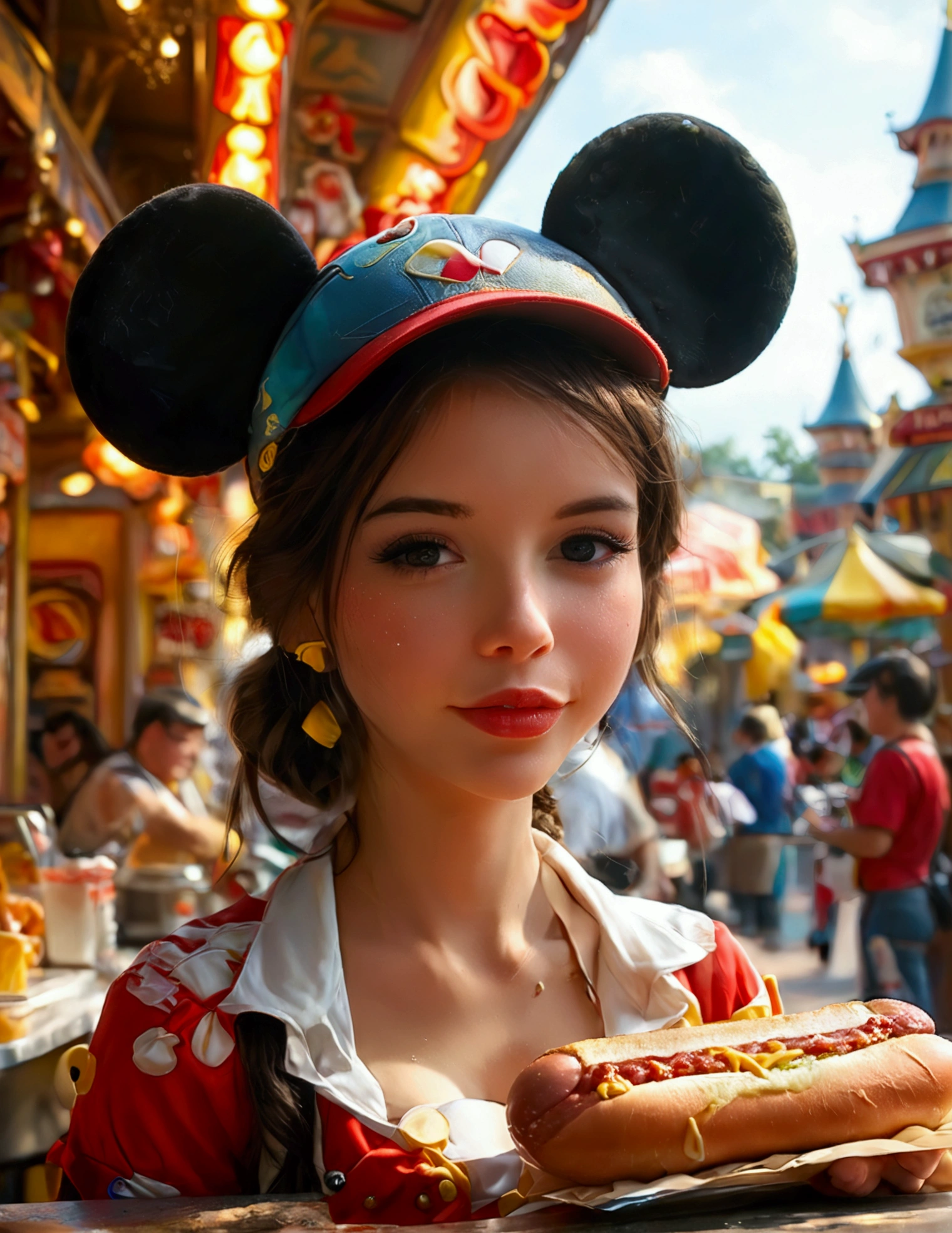 A cute woman, disney land sexy uniform(mickey mouse hat), working at a hot dog stand, near the entry to a Disney land ride