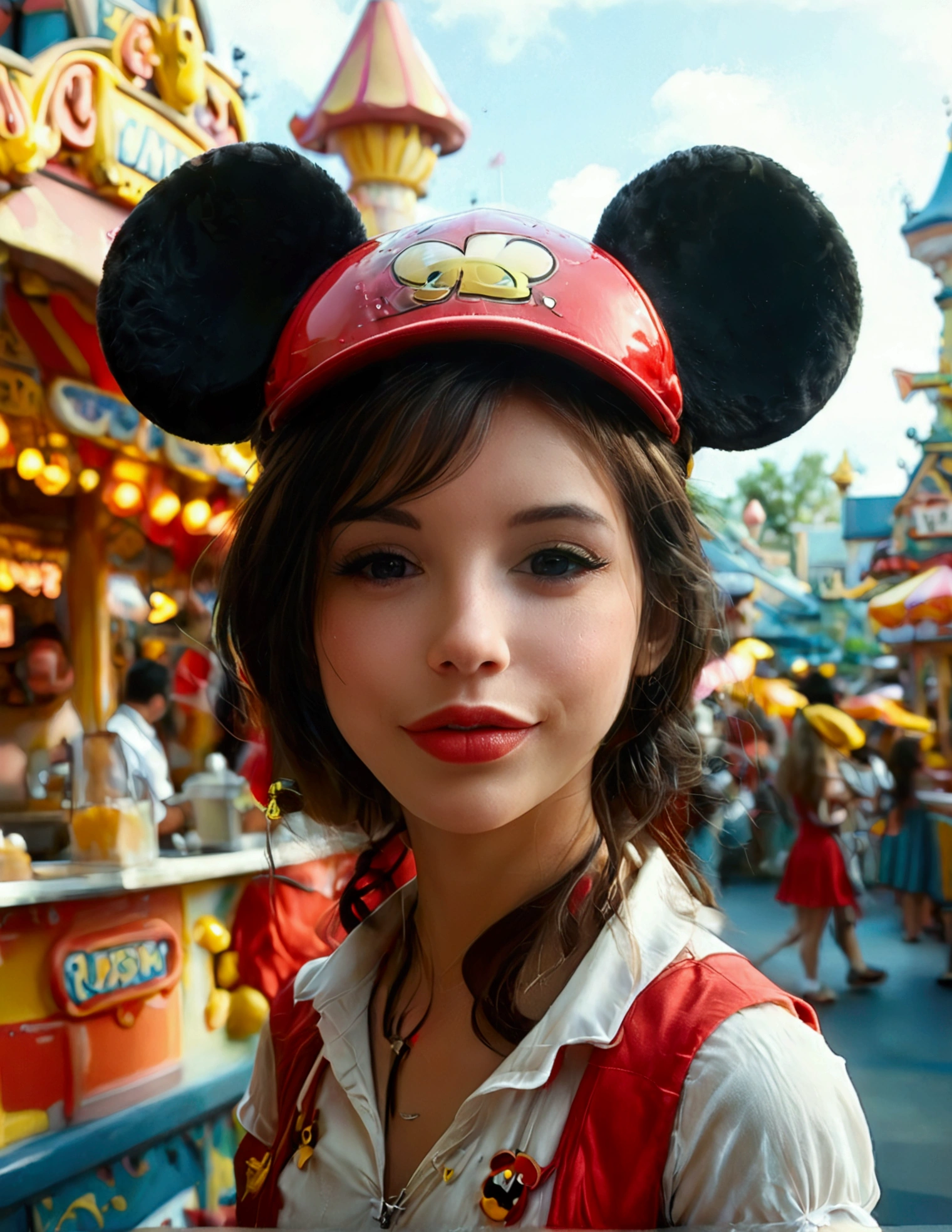 A cute woman, disney land sexy uniform(mickey mouse hat), working at a hot dog stand, near the entry to a Disney land ride
