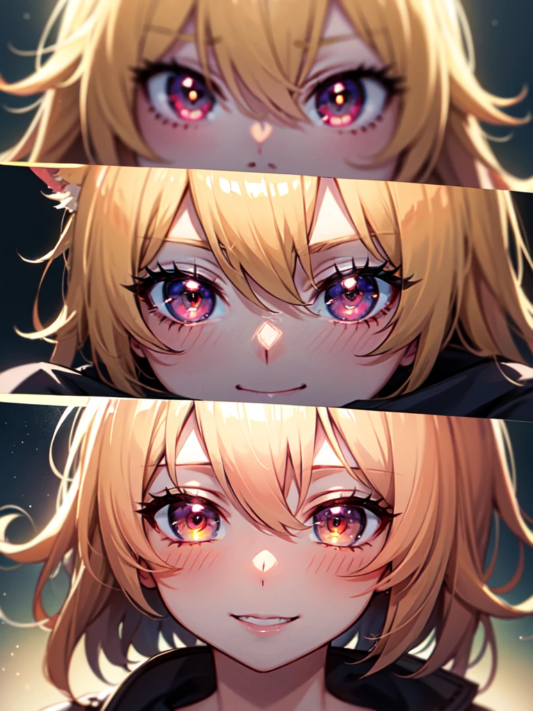 hair over shoulder, wavy hair, hair strand, shiny hair, blonde hair, eye reflection, glowing eyes, slit pupils, amber eyes, cat ears, smile, blush, glint, happy, anime, anime style, En plein air, high detail, cinematic lighting, ray tracing, reflection light, masterpiece, accurate, anatomically correct, super detail, high details, high quality, best quality, highres, 4K