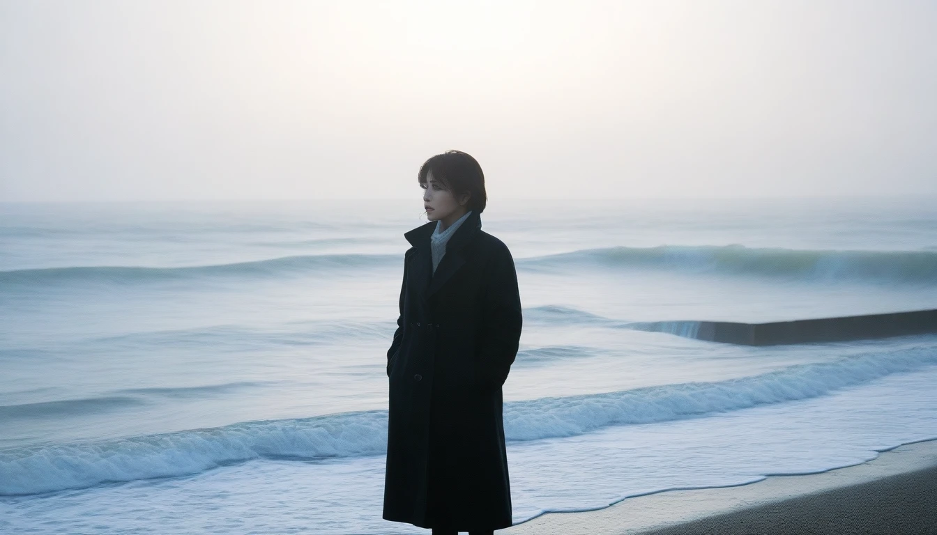 1 36-year-old Korean woman, Short hair, black coat, alone, rain, Fog, cold, boring, , pier, Only, 멀리 Faintly visible 등대, Coast, waves crashing, The dim light shines in the Fog,and the figure stands in the Fog holding ,drizzling, (명암대rain, cinematic lighting, shadow, film grain, anatomically correct, accurate, Awards, 8K) realistic photo, Full body shot with Canon camera 16-35 wide angle lens, natural appearance, Faintly visible