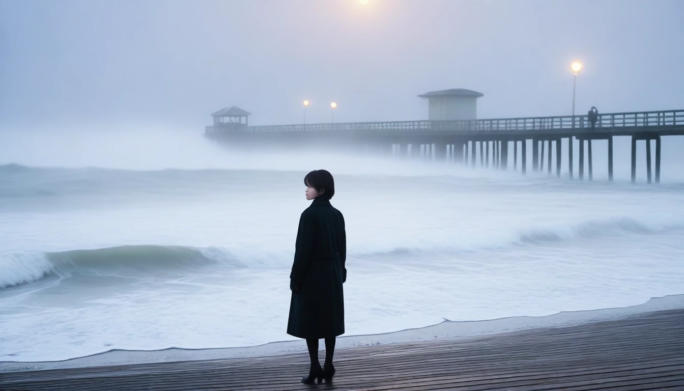 1 36-year-old Korean woman, Short hair, black coat, alone, rain, Fog, cold, boring, , pier, Only, 멀리 Faintly visible 등대, Coast, waves crashing, The dim light shines in the Fog,and the figure stands in the Fog holding ,drizzling, (명암대rain, cinematic lighting, shadow, film grain, anatomically correct, accurate, Awards, 8K) realistic photo, Full body shot with Canon camera 16-35 wide angle lens, natural appearance, Faintly visible