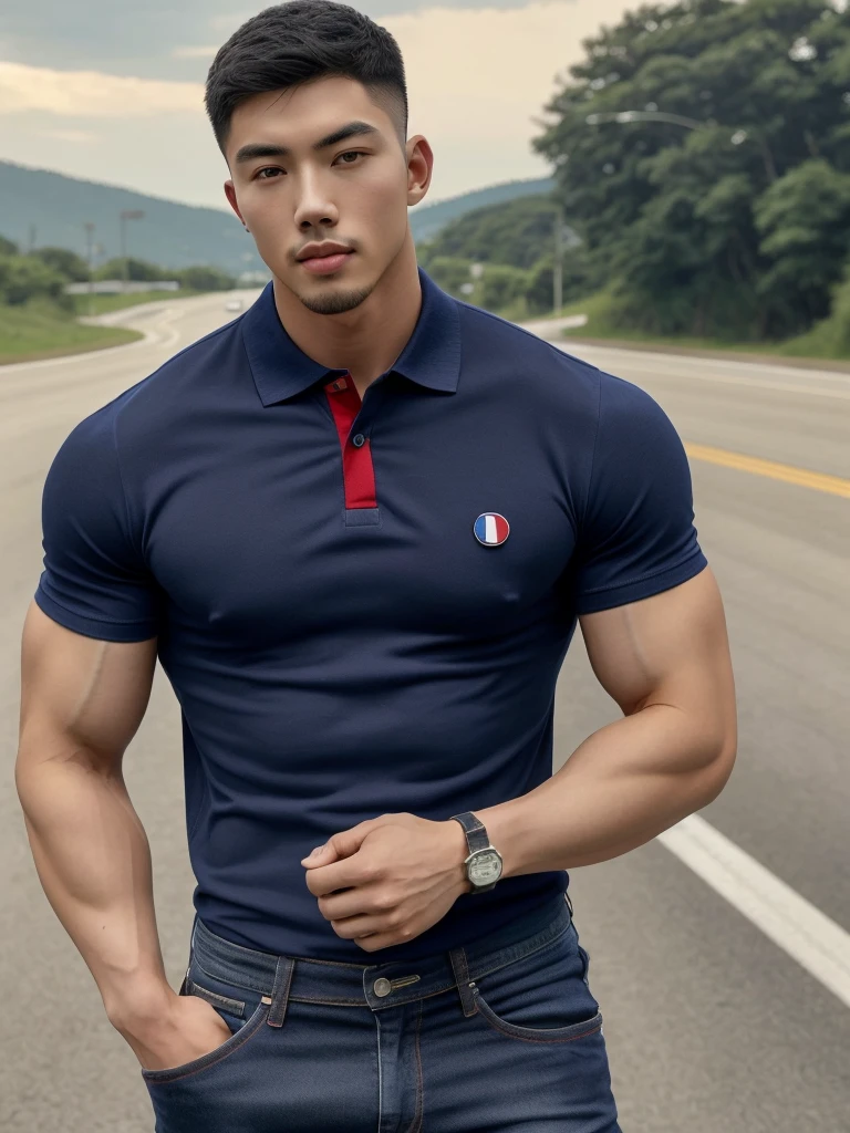 Tony Labrusca, ((realistic daylight)) , Young Korean man in a navy blue polo shirt and jeans, A handsome, muscular young Asian man looks at the camera. In a simple t-shirt blue and red , roadside ,((look sideways))