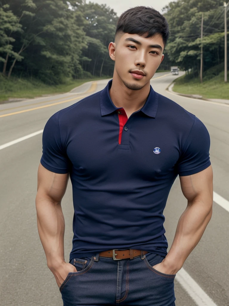Tony Labrusca, ((realistic daylight)) , Young Korean man in a navy blue polo shirt and jeans, A handsome, muscular young Asian man looks at the camera. In a simple t-shirt blue and red , roadside ,((look sideways))