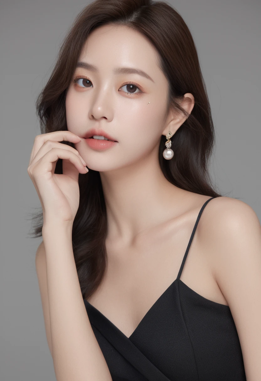 ultra wide shoot, front photo, elegant woman, (Photorealsitic)、(intricate detailes:1.2)、(masterpiece、:1.3)、beauty face, (top-quality:1.4)、(超A high resolution:1.2)、超A high resolution、(A detailed eye)、(detailed facial features), ((Realistic lighting、top-quality、8K、natural light, masterpiece:1.3))、bright photo, Clear focus:1.2、1girl in、flawless beauty:1.4、Superfine Face、big Narrow-eyed、double eyelid、photos realistic, perfect eyes, perfect skin, detailed skin, detailed face, looking viewer, front view, potrait, raw photo, simple soft pink background, (intricate detailed skin textured:1.4) front view, looking viewer, clear face, 1 girl、porate、Bright and very beautiful face、beautiful girl, A stunning close-up portrait showcasing the beauty of a Korean model. The composition features soft, natural lighting , bright eyes, and striking cheekbones. Her glossy, The background is simply black background, smile, wear sweetshirt, neat hair, long hair, instagram model, profil picture, bright and natural
