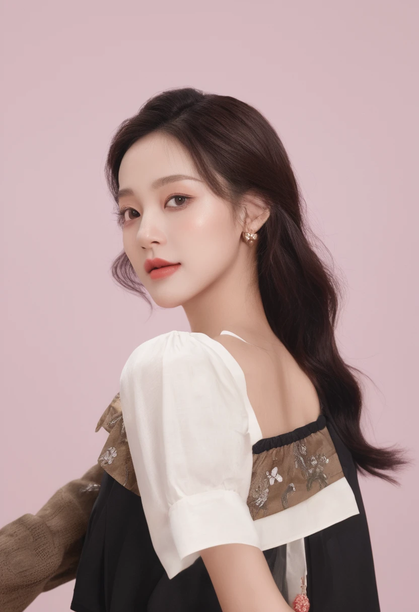 ultra wide shoot, front photo, elegant woman, (Photorealsitic)、(intricate detailes:1.2)、(masterpiece、:1.3)、beauty face, (top-quality:1.4)、(超A high resolution:1.2)、超A high resolution、(A detailed eye)、(detailed facial features), ((Realistic lighting、top-quality、8K、natural light, masterpiece:1.3))、bright photo, Clear focus:1.2、1girl in、flawless beauty:1.4、Superfine Face、big Narrow-eyed、double eyelid、photos realistic, perfect eyes, perfect skin, detailed skin, detailed face, looking viewer, front view, potrait, raw photo, simple soft pink background, (intricate detailed skin textured:1.4) front view, looking viewer, clear face, 1 girl、porate、Bright and very beautiful face、beautiful girl, A stunning close-up portrait showcasing the beauty of a Korean model. The composition features soft, natural lighting , bright eyes, and striking cheekbones. Her glossy, The background is simply black background, smile, wear sweetshirt, neat hair, long hair, instagram model, profil picture, bright and natural