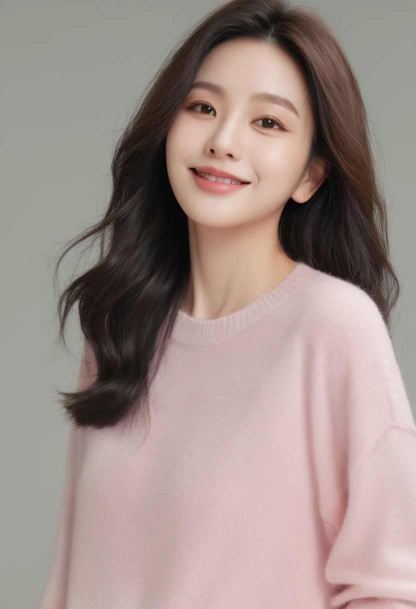 ultra wide shoot, front photo, elegant woman, (Photorealsitic)、(intricate detailes:1.2)、(masterpiece、:1.3)、beauty face, (top-quality:1.4)、(超A high resolution:1.2)、超A high resolution、(A detailed eye)、(detailed facial features), ((Realistic lighting、top-quality、8K、natural light, masterpiece:1.3))、bright photo, Clear focus:1.2、1girl in、flawless beauty:1.4、Superfine Face、big Narrow-eyed、double eyelid、photos realistic, perfect eyes, perfect skin, detailed skin, detailed face, looking viewer, front view, potrait, raw photo, simple soft pink background, (intricate detailed skin textured:1.4) front view, looking viewer, clear face, 1 girl、porate、Bright and very beautiful face、beautiful girl, A stunning close-up portrait showcasing the beauty of a Korean model. The composition features soft, natural lighting , bright eyes, and striking cheekbones. Her glossy, The background is simply black background, smile, wear sweetshirt, neat hair, long hair, instagram model, profil picture, bright and natural