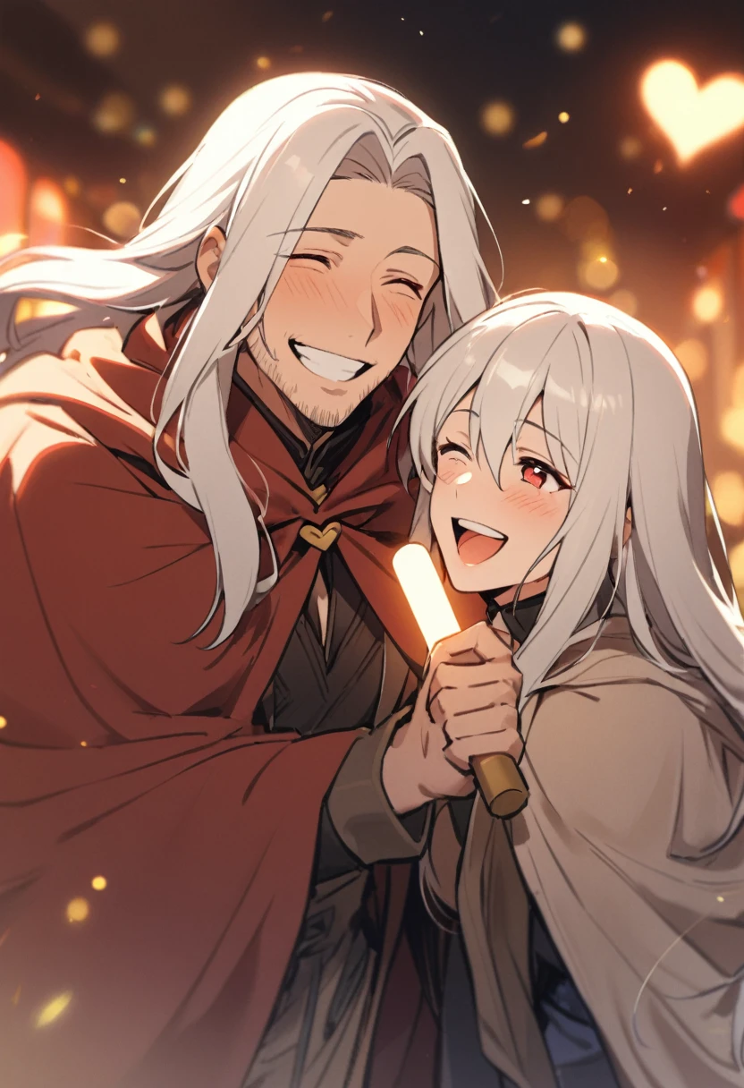 1 male, long hair, white hair, red eyes, cloak, experienced, face close, mature, happy, smiling, laughing, holding light stick, heart