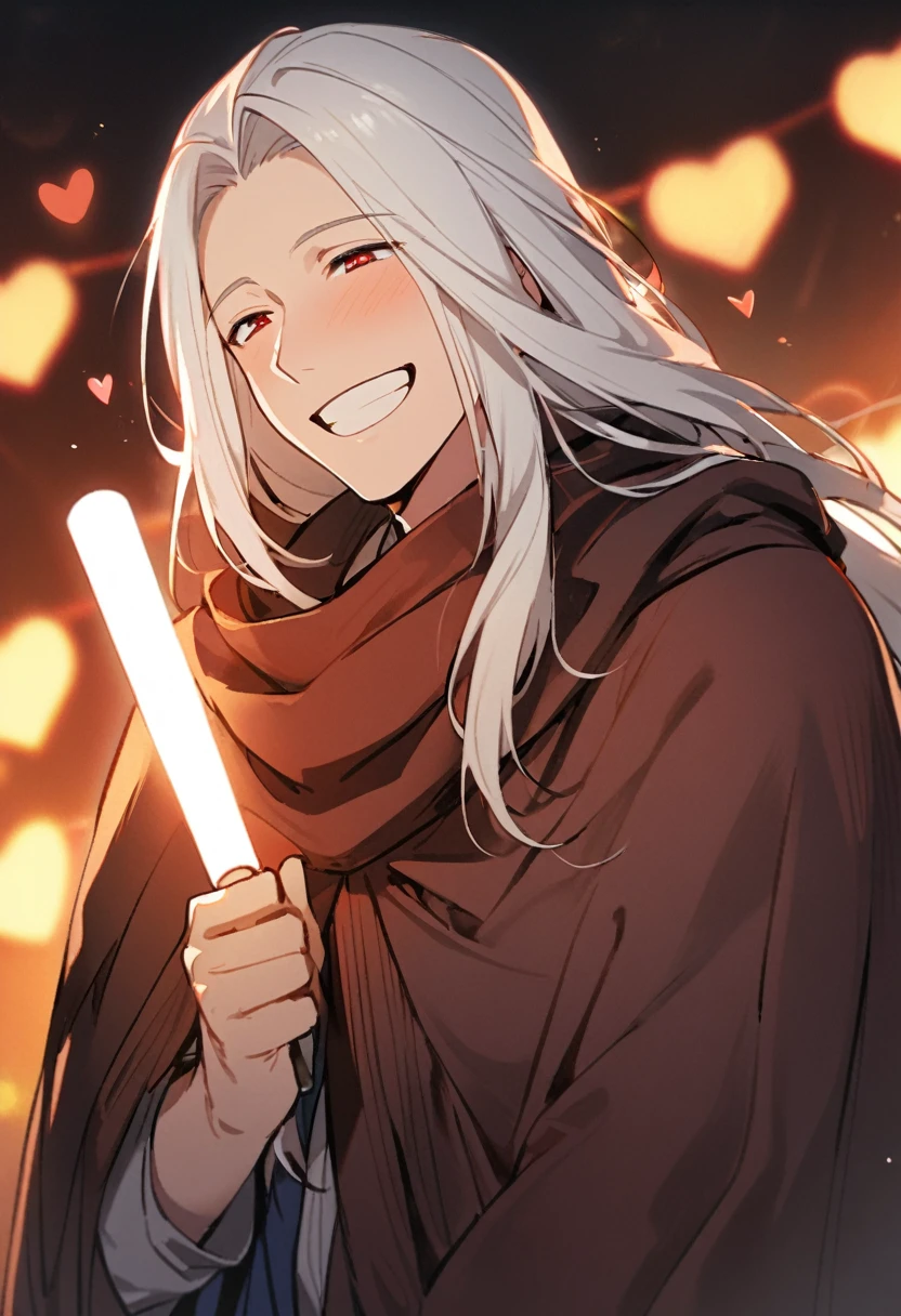 1 male, long hair, white hair, red eyes, cloak, experienced, face close, mature, happy, smiling, laughing, holding light stick, heart