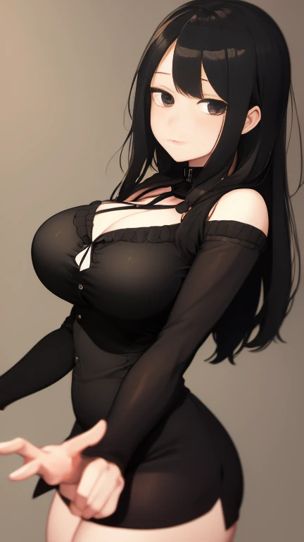 A girl has large breasts and long black hair 