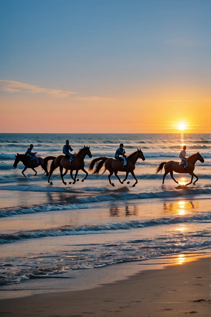 Horses running on beach at sunset