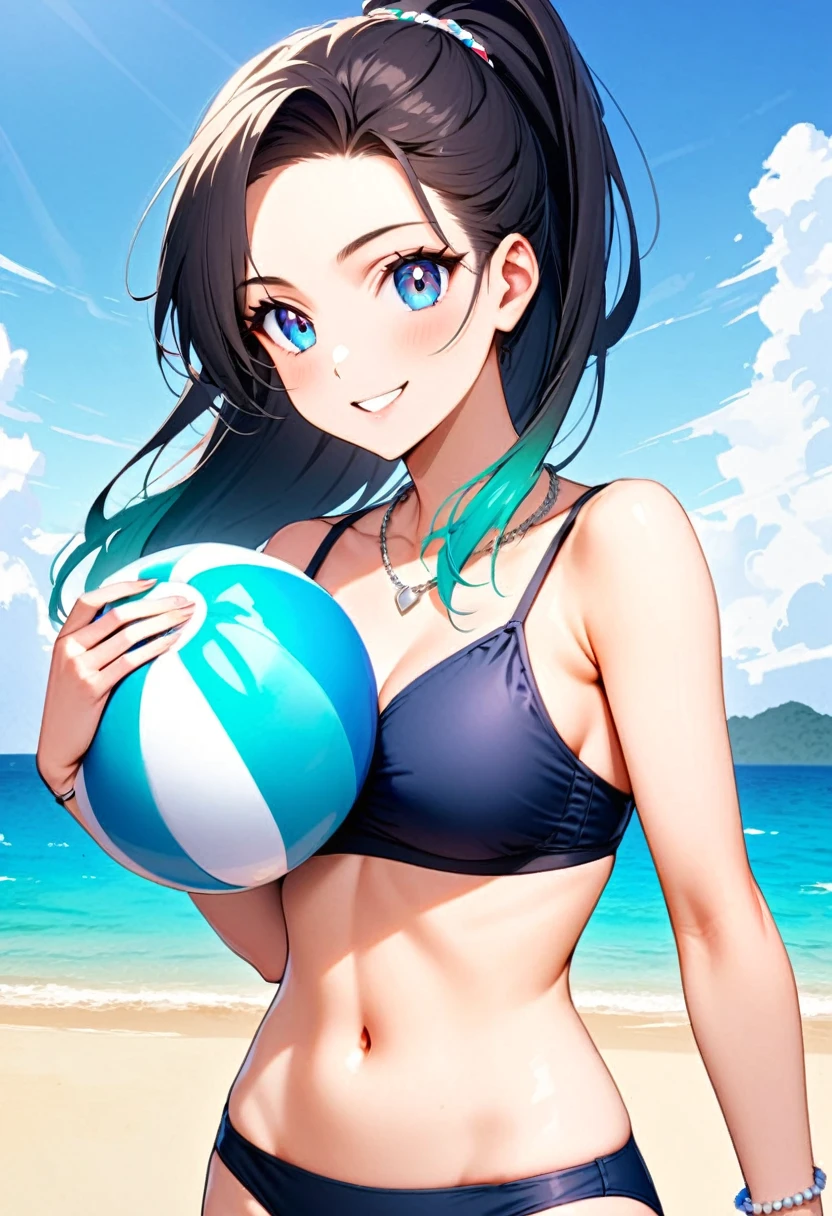 A young woman, 19-years-old, solo, Caucasian, black hair, cyan hair, gradient hair, ponytail, two-tone hair, blue eyes, cheerful smile, mature face, dark blue bikini top, dark blue bikini bottom, midriff, holding a beachball, beach, thin silver necklace, white bracelet, flat stomach