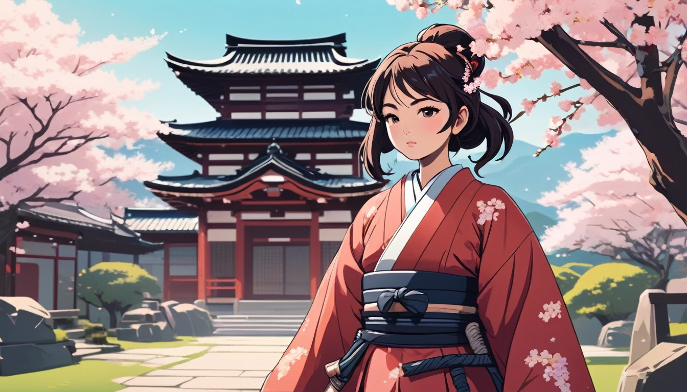 Female samurai,knife,Background is cherry blossoms and a Japanese temple、 Wide-angle lens, Lofi Anime, Lofi illustration, Aesthetic atmosphere, Lo-Fi Style, Vector art, Flat Design, Simple shape, Warm tones, Pleasant atmosphere, Chill, In anime style, Digital drawing, Vector art, Vector logo for t-shirt printing, (Adorable:1.5), (small:1.4), (Playful:1.2), (soft:1.3), (Whimsical:1.1), masterpiece, Highest quality, 8K, Intricate details, grow, Celestial, Mysterious, Picturesque, amazing, Majestic, Magic, Fantasy art, Cover art, dream-like