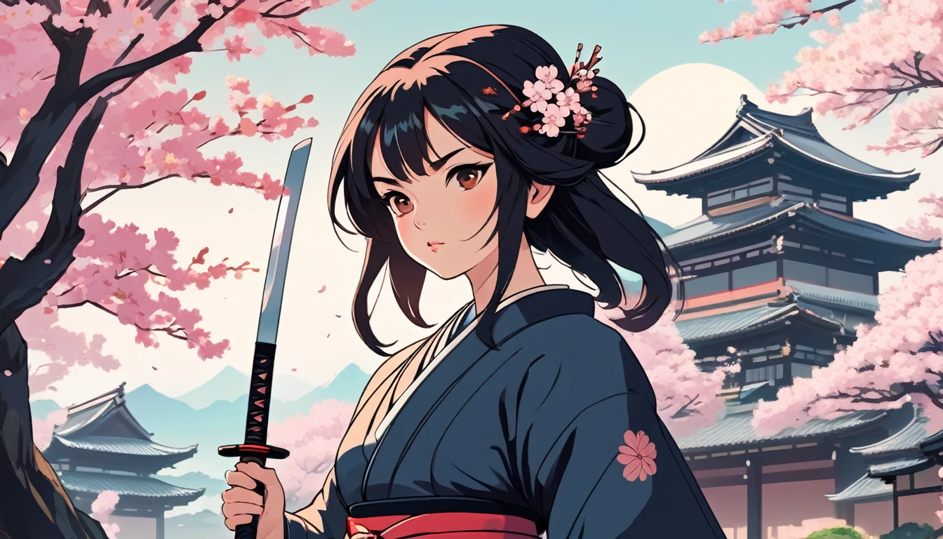 Female samurai,knife,Background is cherry blossoms and a Japanese temple、 Wide-angle lens, Lofi Anime, Lofi illustration, Aesthetic atmosphere, Lo-Fi Style, Vector art, Flat Design, Simple shape, Warm tones, Pleasant atmosphere, Chill, In anime style, Digital drawing, Vector art, Vector logo for t-shirt printing, (Adorable:1.5), (small:1.4), (Playful:1.2), (soft:1.3), (Whimsical:1.1), masterpiece, Highest quality, 8K, Intricate details, grow, Celestial, Mysterious, Picturesque, amazing, Majestic, Magic, Fantasy art, Cover art, dream-like