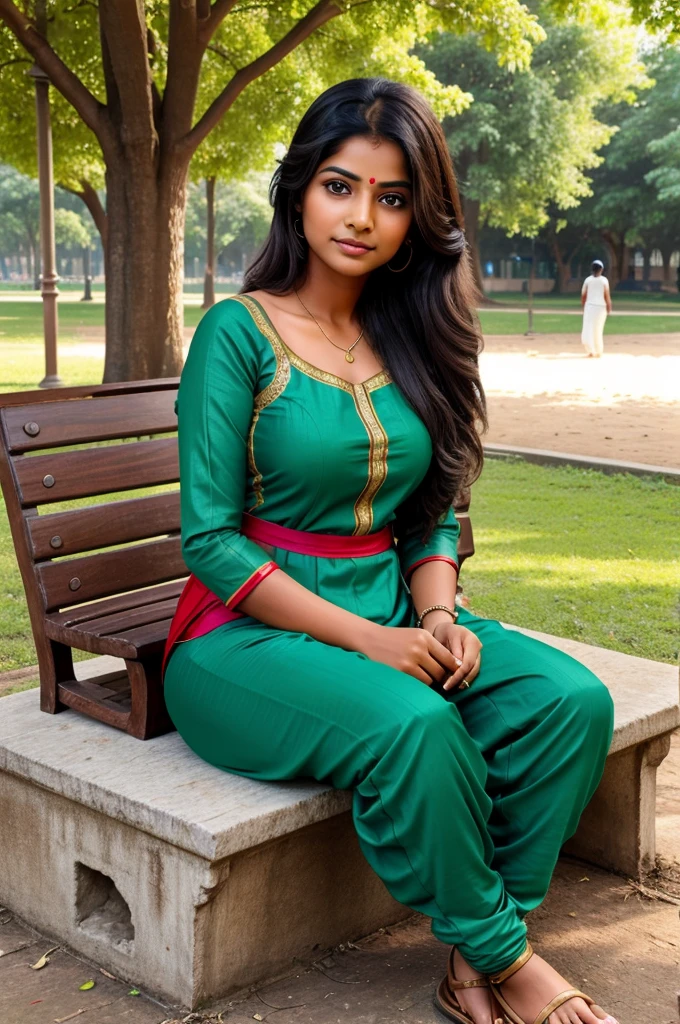 Create a realistic image of Indian girl in salwar suit sitting in the park where in background various kids are playing and other persons are roaming