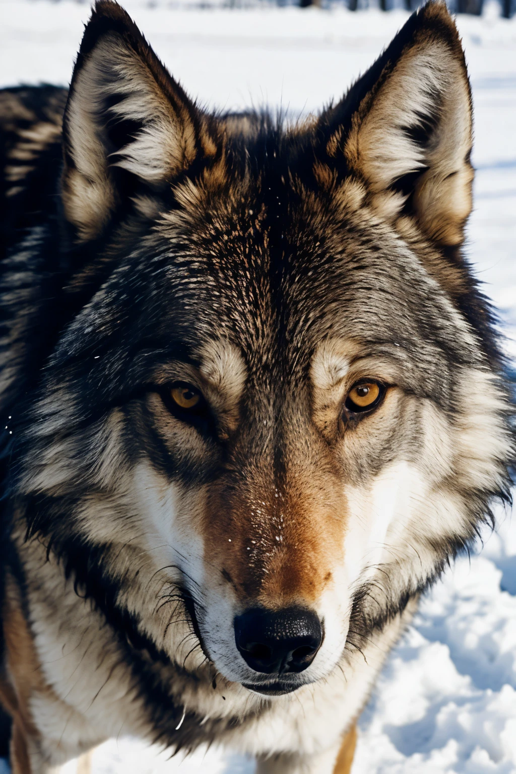 Create an image where, there is of a grey wolf's face, The image should highlight the facial details and expressions of the wolf, capturing the intensity of the gaze. The background should be neutral so that the focus remains on the face of the animal.