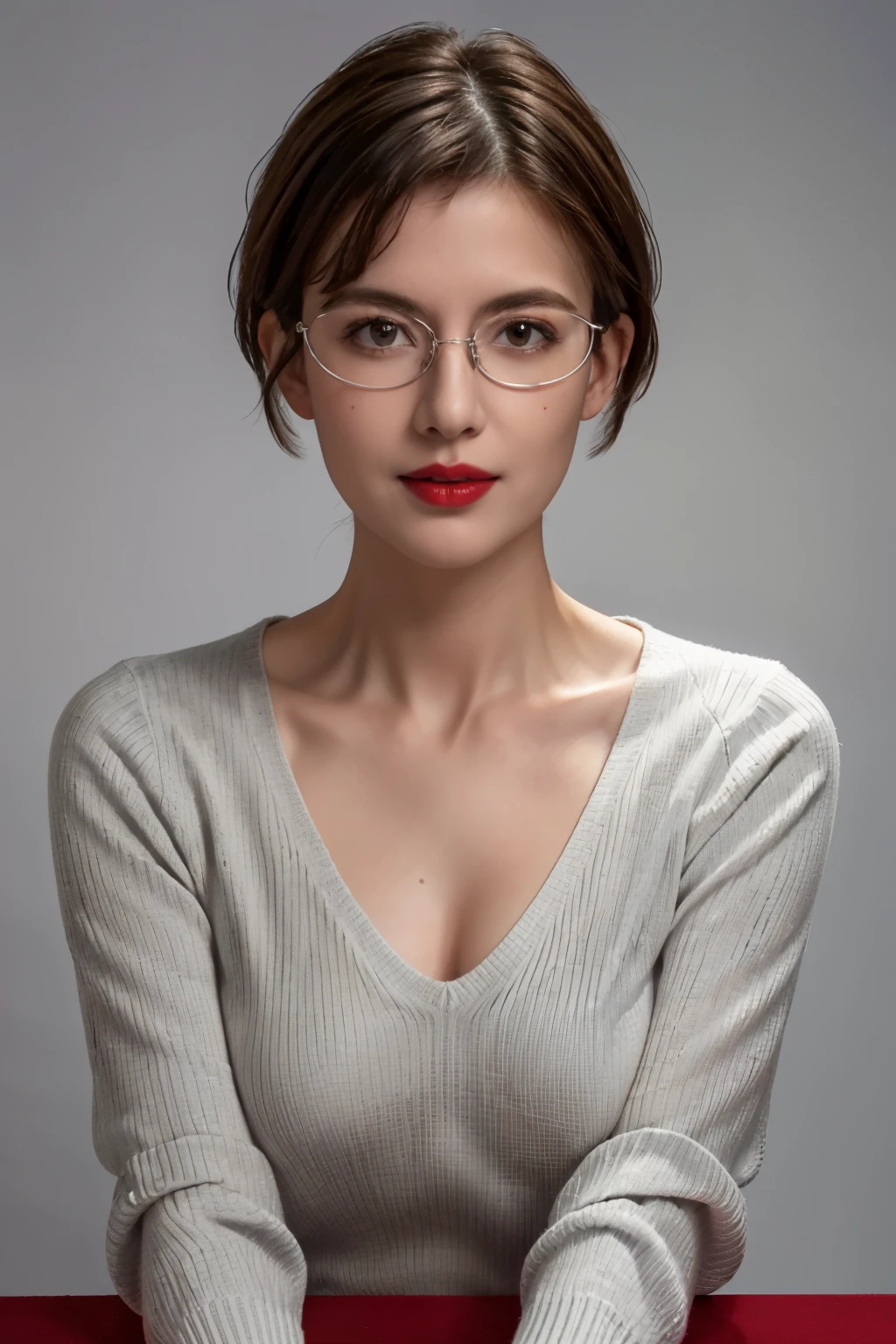 Tabletop, Highest quality, Realistic, Very detailed, finely, High resolution, 8k wallpaper, RAW Photos, Professional, High level of detail, 1 Girl, (((Red lips))), ((Round silver-rimmed glasses)), ((Looking into the camera)), Plain background, Upper Body, (short hair), (((Straight Hair))), Shapely large breasts, Cleavage, see-through v neck dress