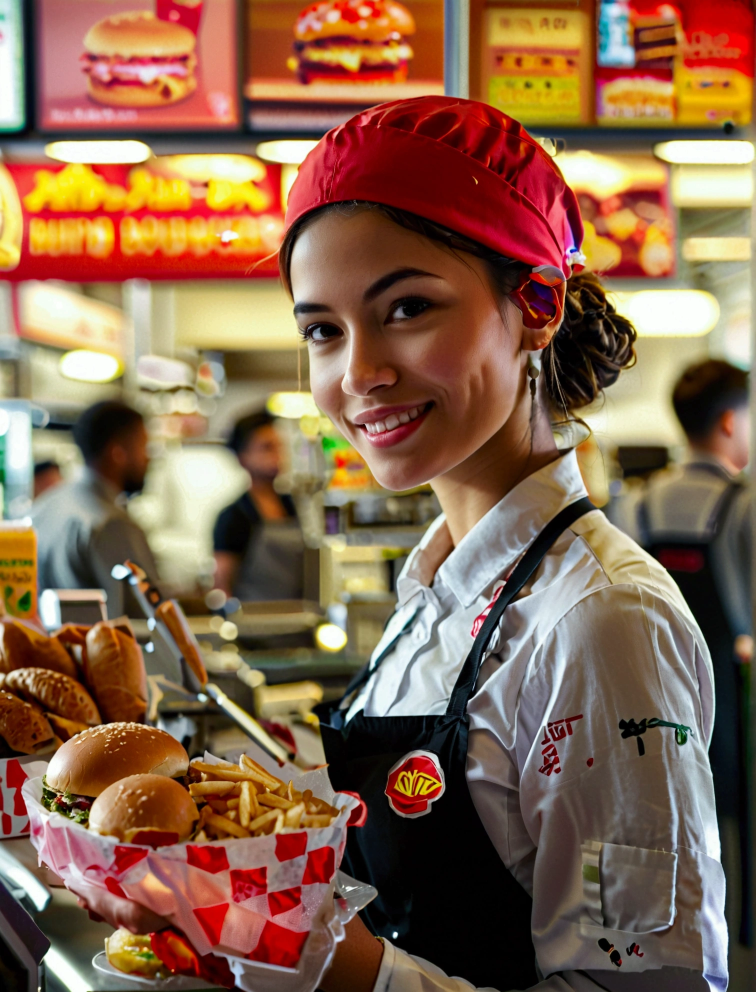 Aphotorealistic, ultra-detailed representation of a dedicated fast food worker serving customers behind the counter in an upper body shot. The individual, showcasing a genuine smile, is skillfully multitasking, handling various orders with precision and attention to detail. Their uniform, emblazoned with the familiar logos of the fast food chain, is worn neatly, and their hands move with dexterity as they assemble meals. The background is a blur of movement, customers lining up to place their orders. The scene is brightly lit, highlighting the worker's focused expression and the intricate mechanisms of the fast food assembly line. The image is shot in 8K UHD,