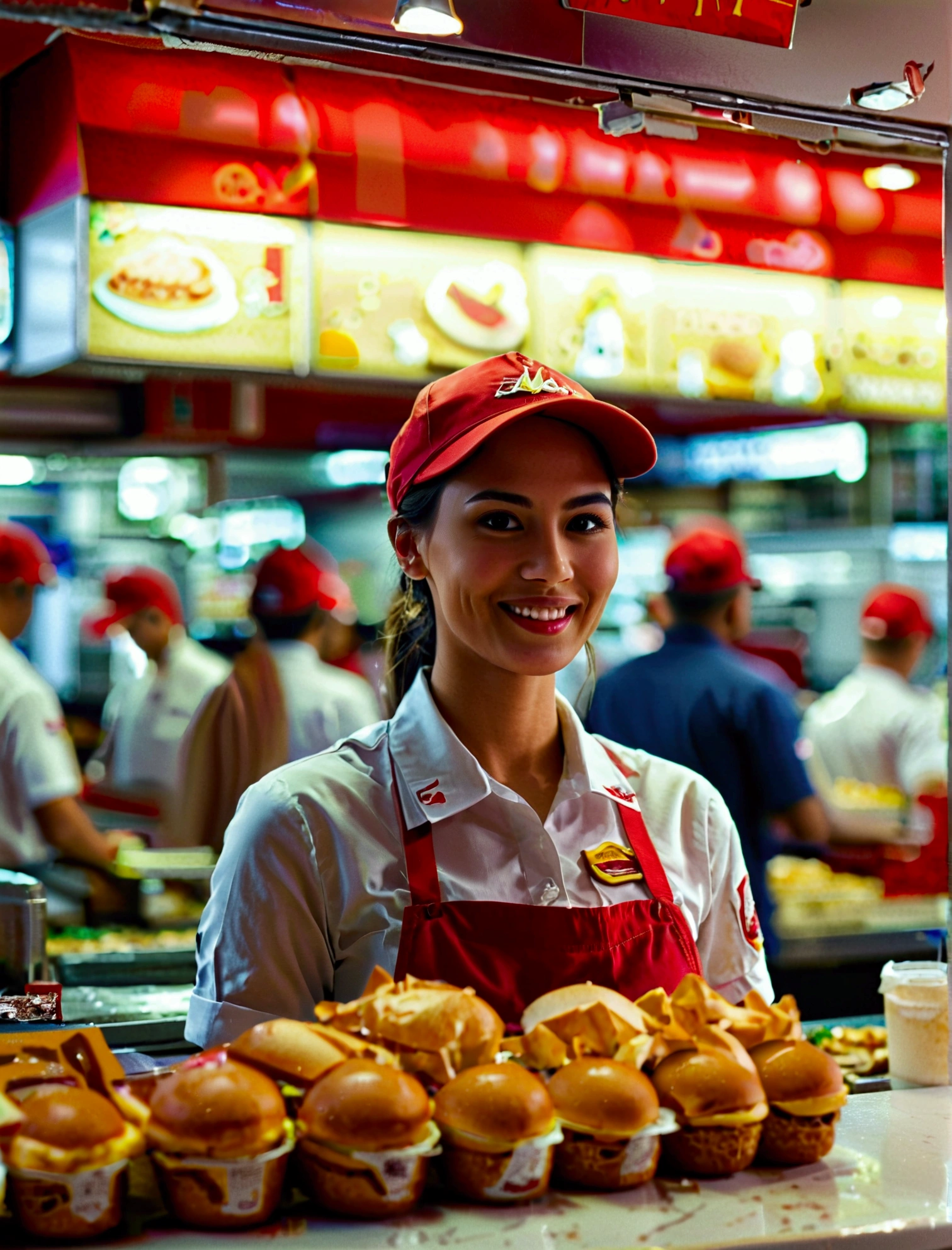 Aphotorealistic, ultra-detailed representation of a dedicated fast food worker serving customers behind the counter in an upper body shot. The individual, showcasing a genuine smile, is skillfully multitasking, handling various orders with precision and attention to detail. Their uniform, emblazoned with the familiar logos of the fast food chain, is worn neatly, and their hands move with dexterity as they assemble meals. The background is a blur of movement, customers lining up to place their orders. The scene is brightly lit, highlighting the worker's focused expression and the intricate mechanisms of the fast food assembly line. The image is shot in 8K UHD,