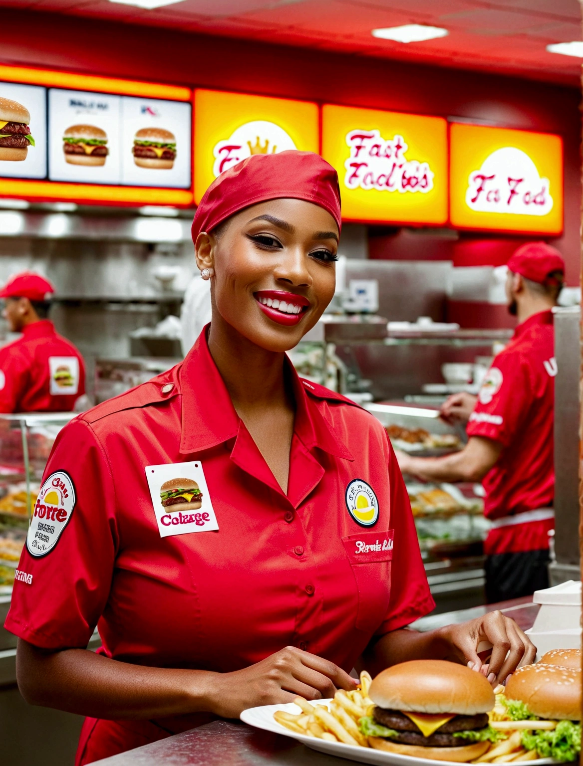 Aphotorealistic, ultra-detailed representation of a dedicated fast food worker serving customers behind the counter in an upper body shot. The individual, showcasing a genuine smile, is skillfully multitasking, handling various orders with precision and attention to detail. Their uniform, emblazoned with the familiar logos of the fast food chain, is worn neatly, and their hands move with dexterity as they assemble meals. The background is a blur of movement, customers lining up to place their orders. The scene is brightly lit, highlighting the worker's focused expression and the intricate mechanisms of the fast food assembly line. The image is shot in 8K UHD, gigantic breasts, giga_busty