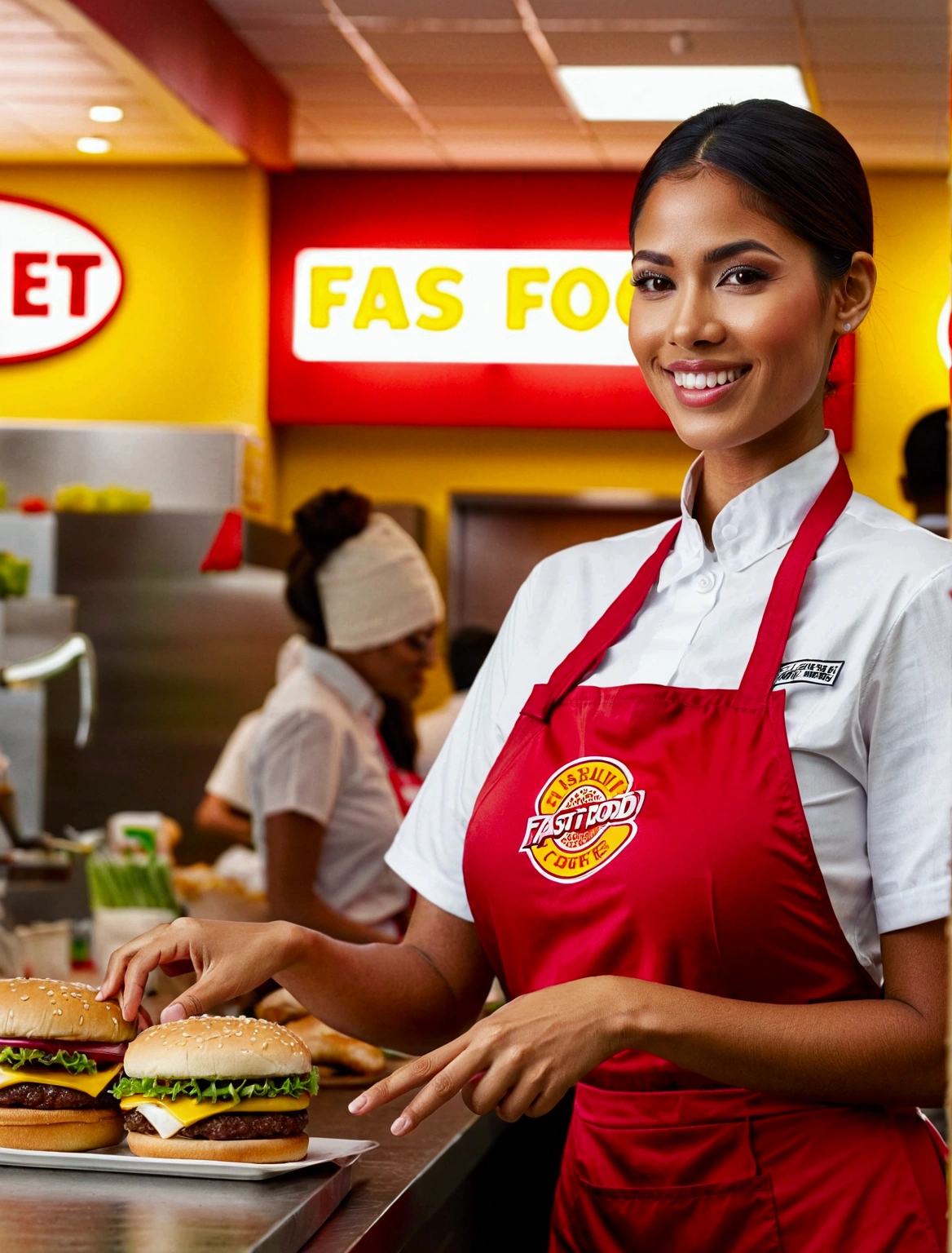 Aphotorealistic, ultra-detailed representation of a dedicated fast food worker serving customers behind the counter in an upper body shot. The individual, showcasing a genuine smile, is skillfully multitasking, handling various orders with precision and attention to detail. Their uniform, emblazoned with the familiar logos of the fast food chain, is worn neatly, and their hands move with dexterity as they assemble meals. The background is a blur of movement, customers lining up to place their orders. The scene is brightly lit, highlighting the worker's focused expression and the intricate mechanisms of the fast food assembly line. The image is shot in 8K UHD, gigantic breasts, giga_busty
