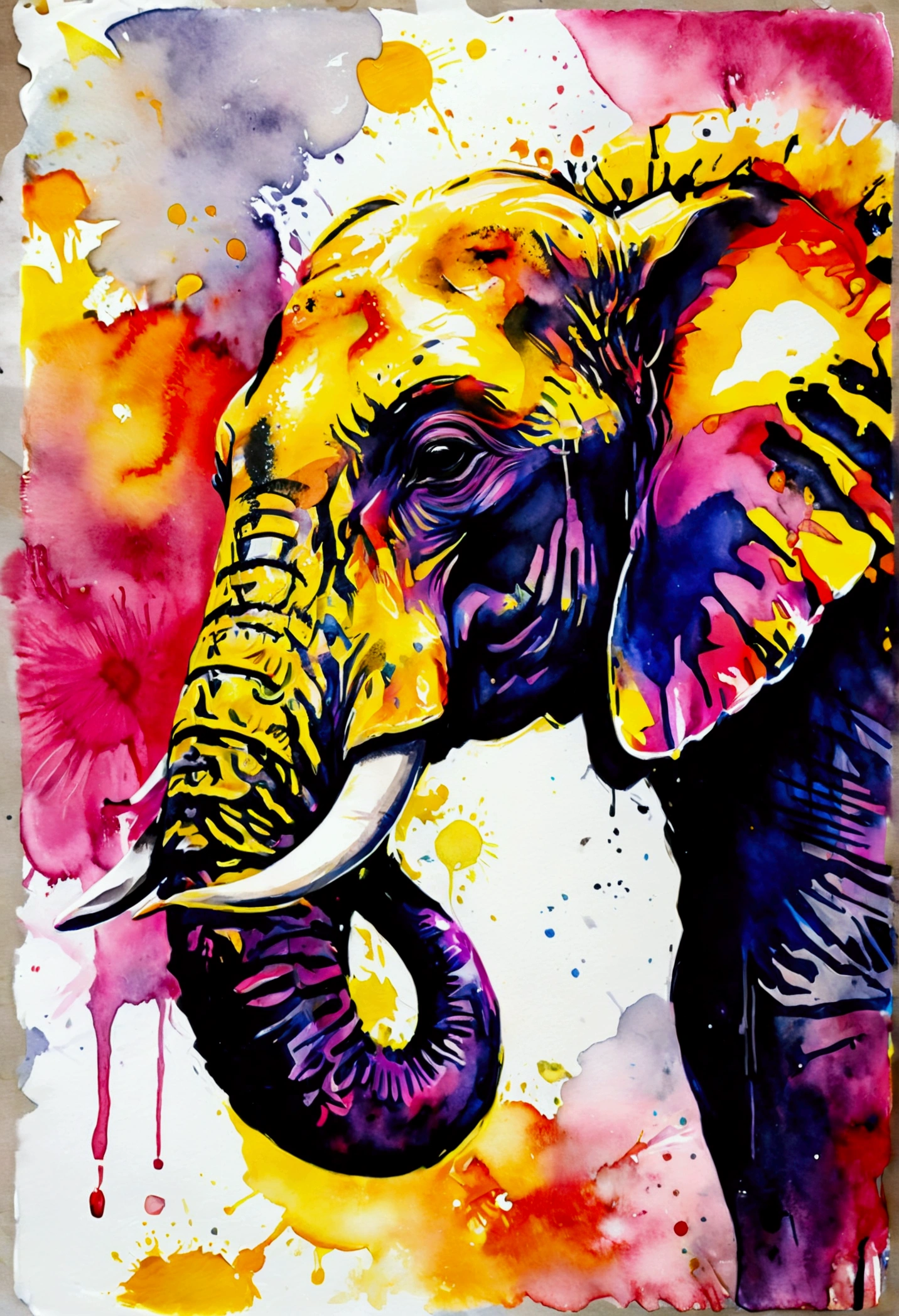High quality, logo style, watercolor, with 3D effect, as if puff printing. Powerful logo with strong, dark colors, of an elephant. Monochromatic background, by yukisakura, incredible and original colors of the species. Traditional Screen Printing: "Create a t-shirt design with traditional screen printing using layers of solid, overlapping colors."