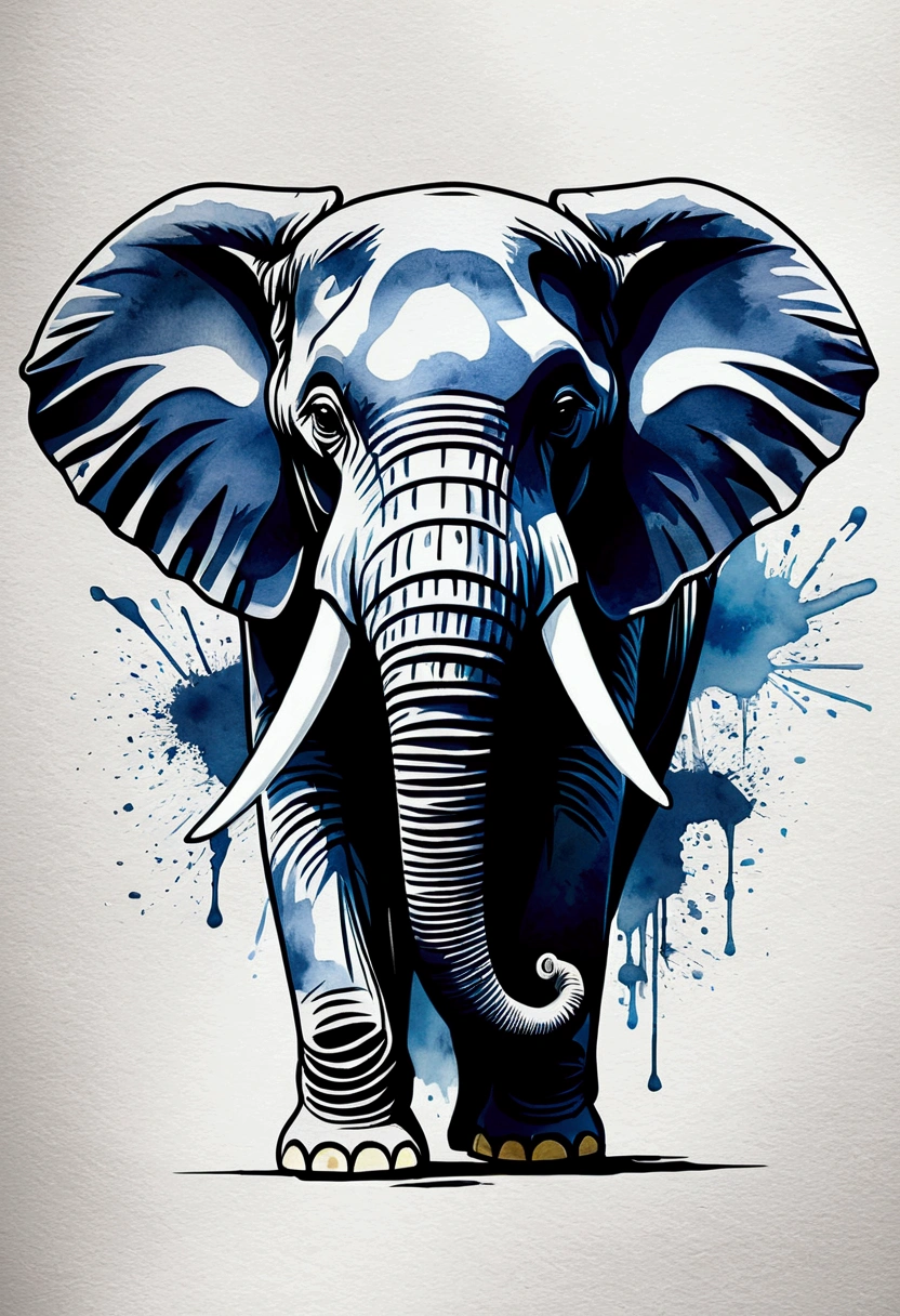 High quality, logo style, watercolor, with 3D effect, as if puff printing. Powerful logo with strong, dark colors, of an elephant. Monochromatic background, by yukisakura, incredible and original colors of the species. Traditional Screen Printing: "Create a t-shirt design with traditional screen printing using layers of solid, overlapping colors."