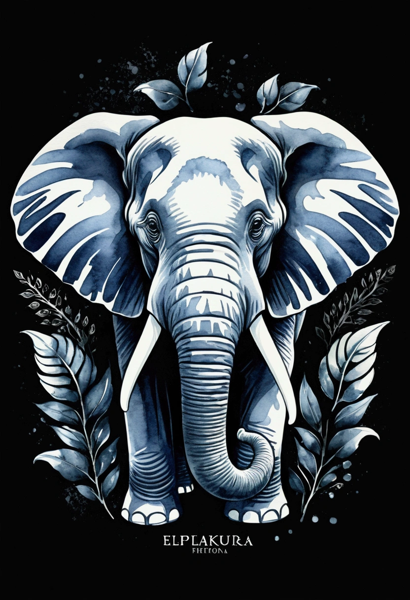 High quality, logo style, watercolor, with 3D effect, as if puff printing. Powerful logo with strong, dark colors, of an elephant. Monochromatic background, by yukisakura, incredible and original colors of the species. Traditional Screen Printing: "Create a t-shirt design with traditional screen printing using layers of solid, overlapping colors."