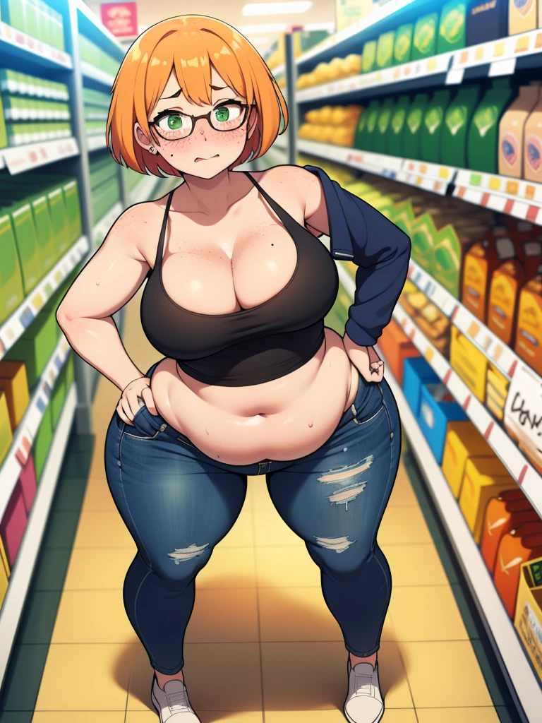 ((highres)), Masterpiece, high quality, best quality, beautiful, perfect lighting, detailed face, ultra cute face, cowboy shot, full body, ((1girl)), ((solo)), looking at viewer, skindentation, ((blushing)), shocked, embarrassed, short orange hair, green eyes, glasses, freckles, jeans, tank top, jacket, tight clothes, full body, grocery store, standing in a grocery store, hand on hip, medium breasts, perky breasts, cleavage, ((wide hips)), ((thick thighs)), ((chubby)),