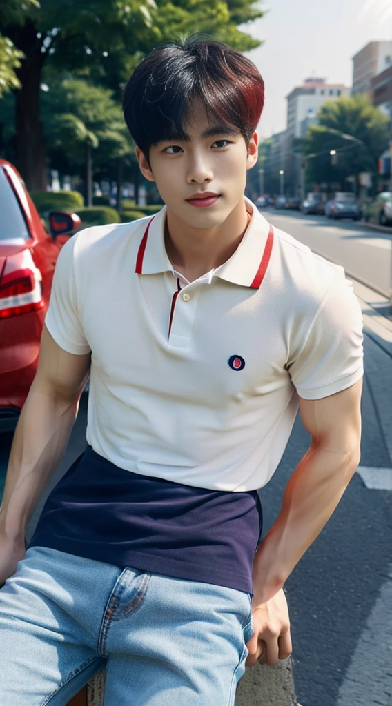 ((realistic daylight)) , Young Korean man in a navy blue polo shirt and jeans, A handsome, muscular young Asian man looks at the camera. In a simple t-shirt blue and red , roadside traffic ,((look sideways))
